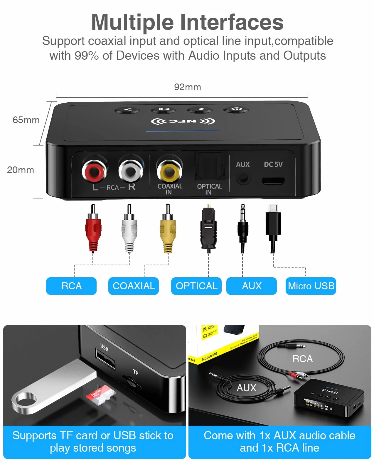 Trasmettitore Bluetooth, Adattatore Ricevitore Trasmettitore Bluetooth 5.0 3 in 1, Trasmettitore FM con Cavo RCA/AUX, Adattatore Audio Wireless per Sistema Stereo/TV/PC/Cuffie/Altoparlanti