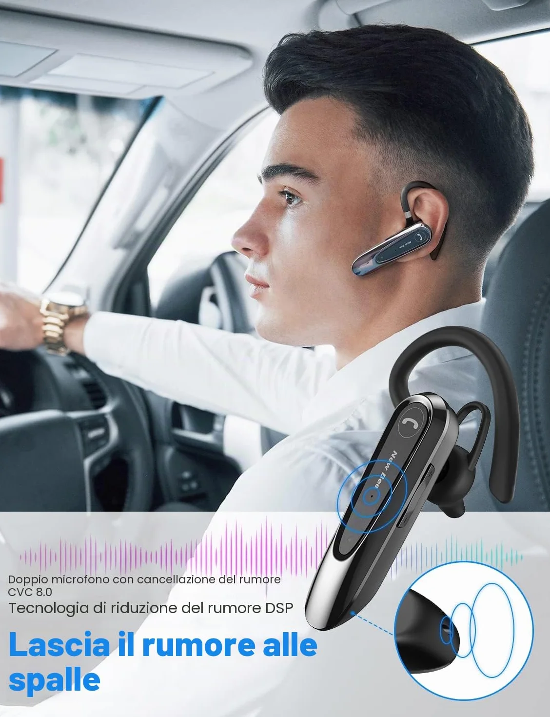New Bee Auricolare Bluetooth Singolo con Doppio Microfono V5.0 Auricolari Bluetooth con 20 Ore Di conversazione, Microfono Muto, Connessione a due Dispositivi per iPhone, Android e Laptop
