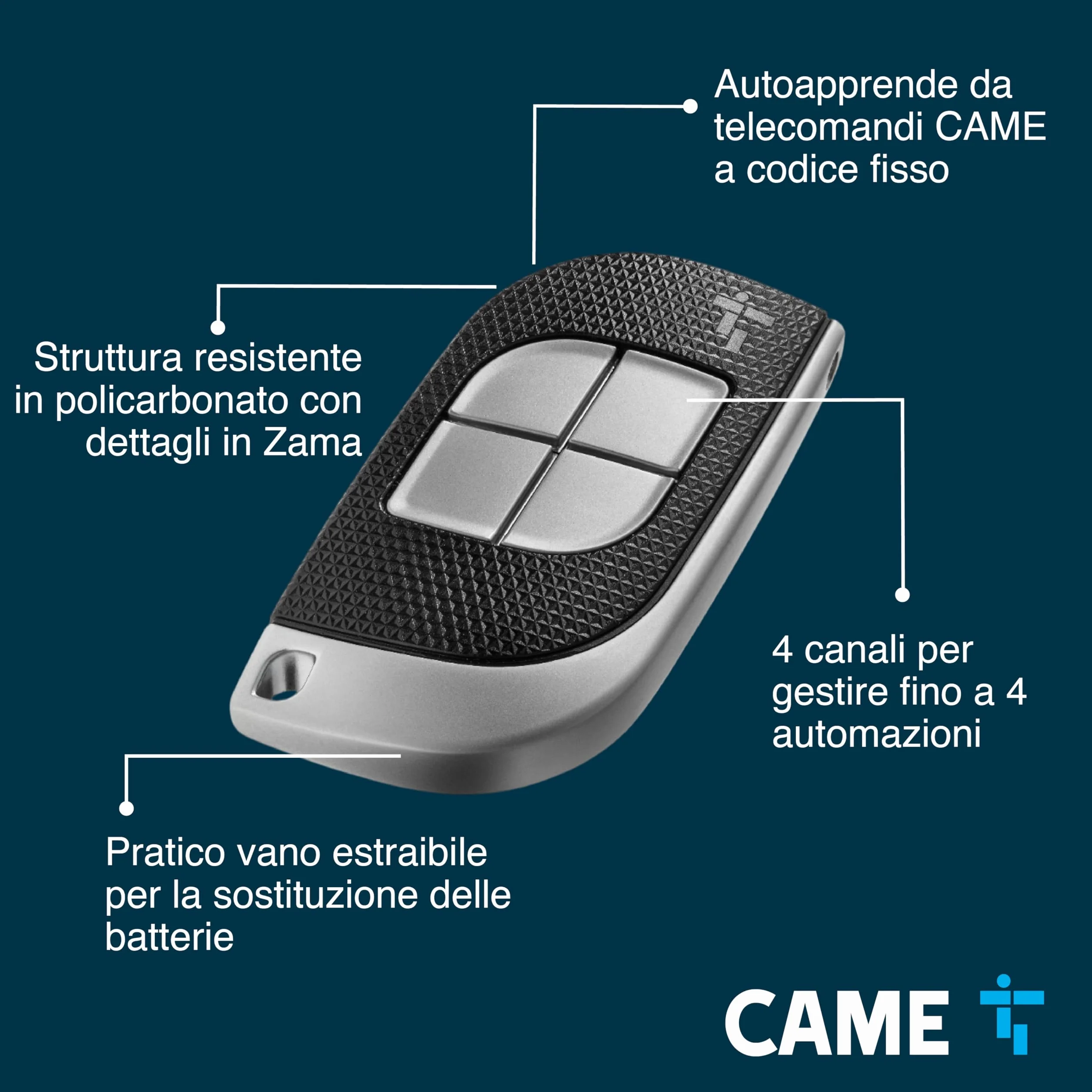 CAME TTS Telecomando Quadricanale 433,92 MHz 4 Pulsanti Codice Fisso Nero Grigio