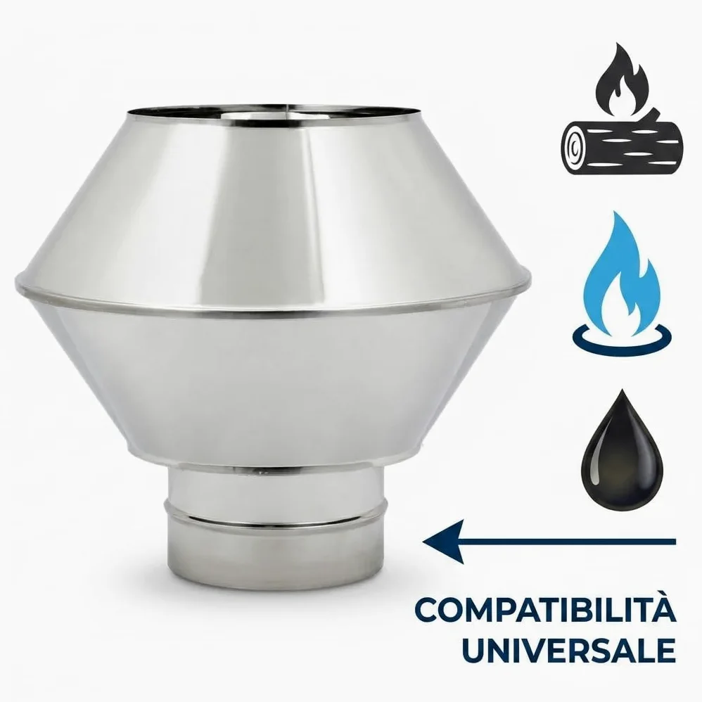 MAKA Comignolo Antivento Biconico Tondo in Acciaio Inox, Terminale per Canna Fumaria Camino Stufa a Legna Pellet e Gas, Cappello Antipioggia Aspirafumo (Ø 180 mm)