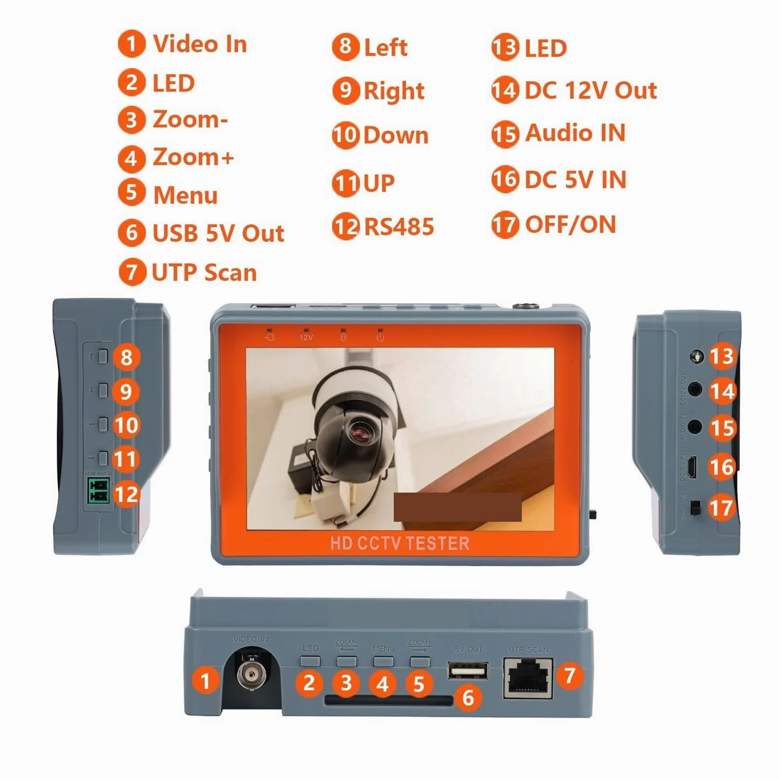CCTV Tester IV5 8MP 12V1A AHD TVI CVI 5 ''Monitor di Sicurezza PTZ Supporto Pal/NTSC Segnale Video CVBS Test Tester CCTV Portatile