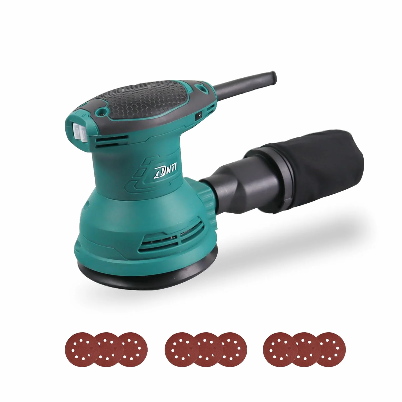 DNT Levigatrice eccentrica 380 W, 125 mm, 6 velocità strumento elettrico professionale, nero e turchese Levigatrice Orbitale per Legno per la levigatura del legno