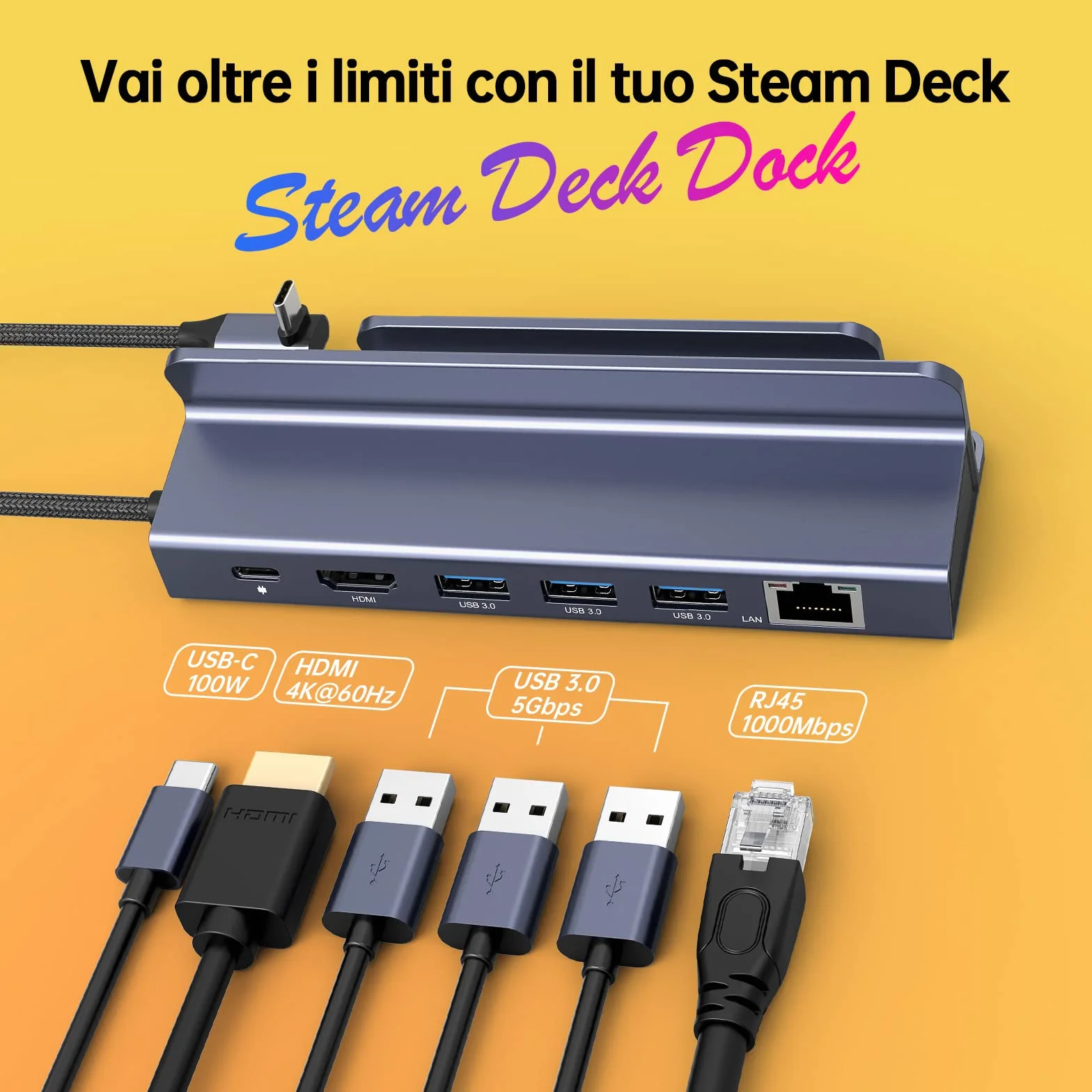NOVOO 6-in-1 Docking Station per Steam Deck, con HDMI 2.0 4K@60Hz, Ethernet 1Gbps, 3 Porte USB A 3.0, Ricarica USB C PD 100W, Compatibile con Valve Steam Deck