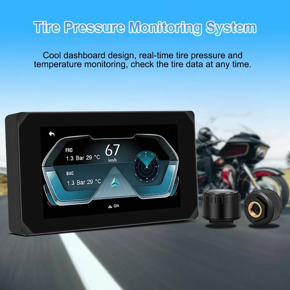 VSYSTO 5 Pollici motocicletta Carplay Touchscreen, Wireless Carplay e Android Auto,Navigazione GPS,sensori di pressione pneumatici,WiFi motocicletta Dash Camera 1080P fotocamera anteriore e posteriore