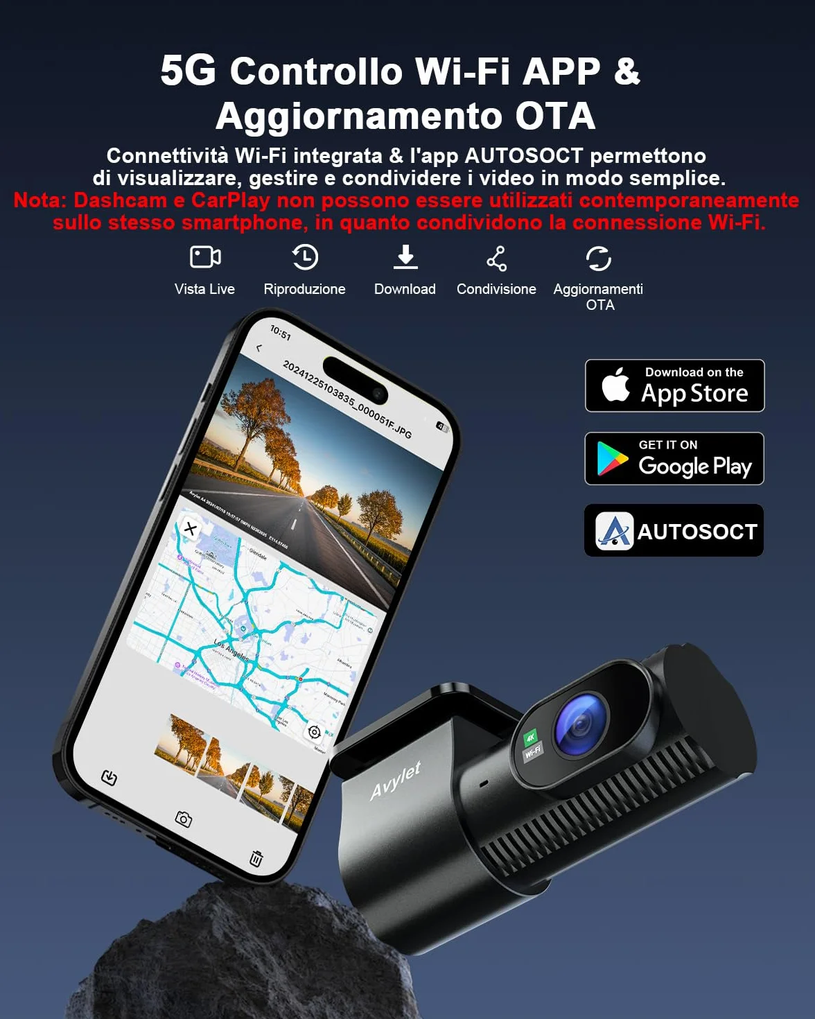 Avylet Dash Cam Auto 4K+1080P Anteriore e Posteriore, Schermo da 1,5", WiFi 5GHz, Grandangolo 170°+150°, Visione Notturna, Modalità Parcheggio 24H, WDR, App, G-Sensor, Loop, Supporta 256GB