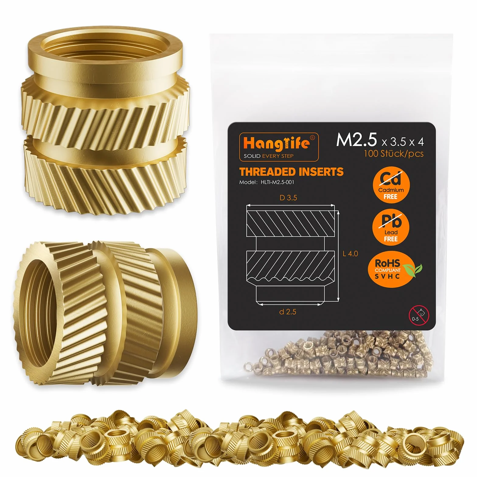 HANGLIFE Inserti Filettati a Caldo, M2.5 Inserto Filettato per Componenti di Stampa 3D e Parti in Plastica - Dadi Scanalati Metrici in Ottone (100 Pezzi)