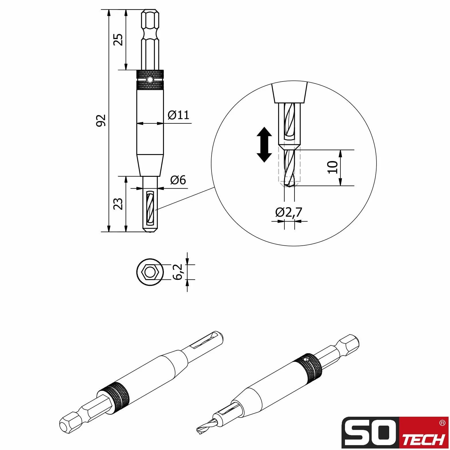 SOTECH punta di centraggio Ø 2,7 mm HSS4241 acciaio codolo esagonale ausilio foratura cerniere bussola guida molla