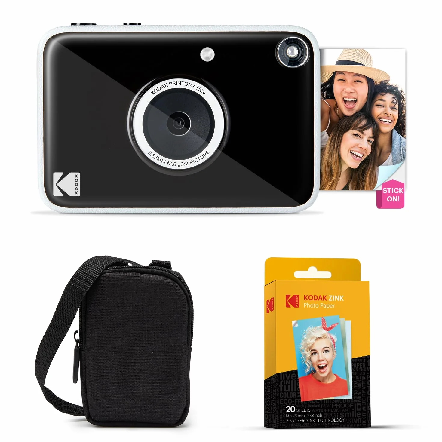 KODAK Printomatic+ Fotocamera Istantanea 10MP Kit Iniziale con Custodia, RGB LED e Carta Adesiva Zink 20pz – Nero