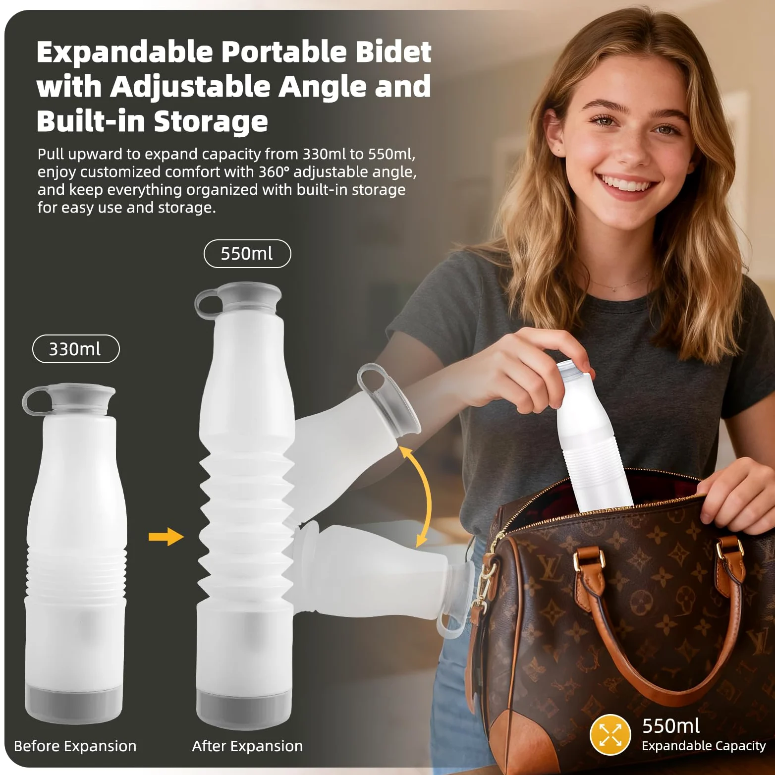 Hibbent Bidet portatile da viaggio, spruzzatore elettrico portatile ad alta pressione, bottiglia espandibile da 350-550 ml per igiene personale, ricaricabile USB-C, impermeabile, bidet da viaggio per