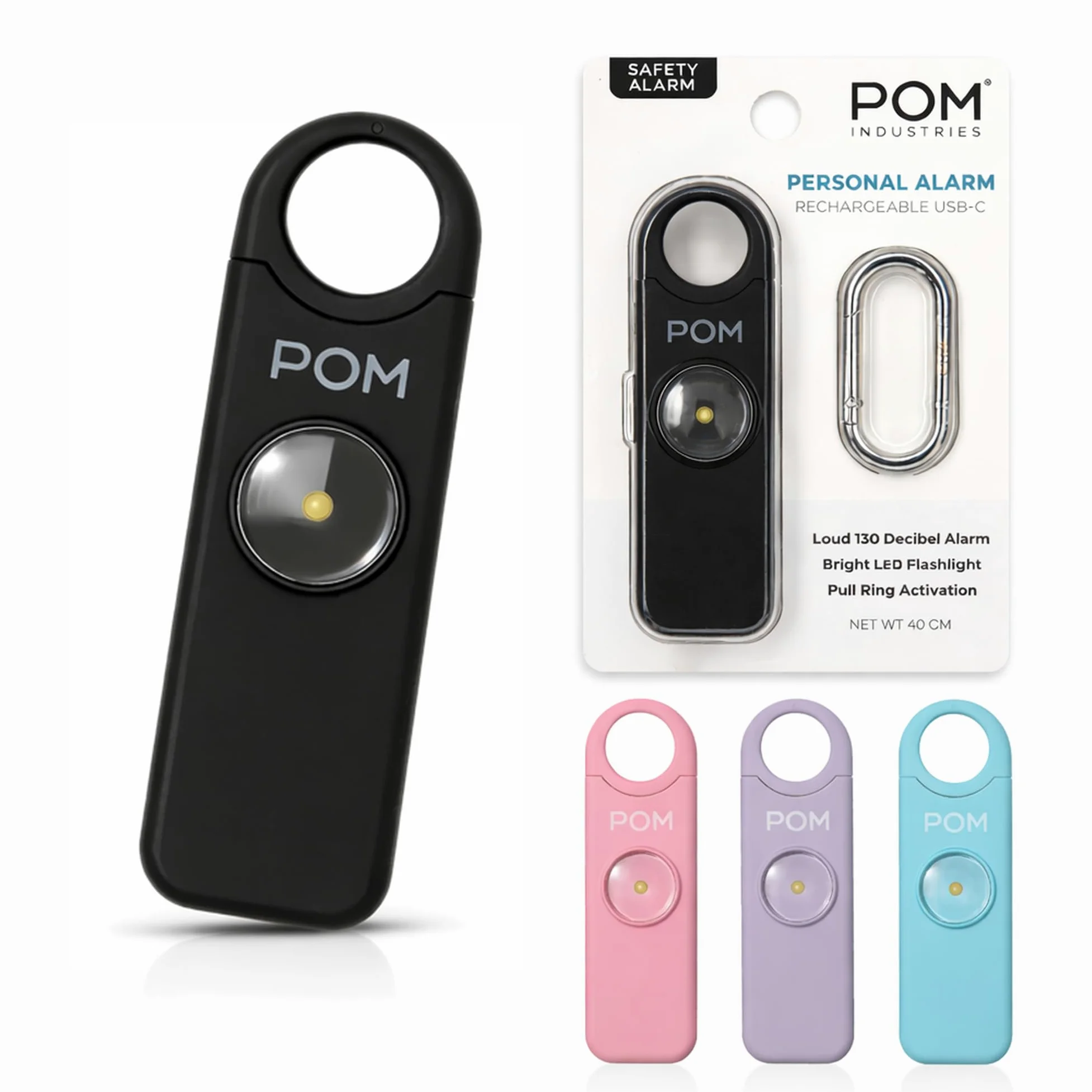 POM Allarme di sicurezza personale da donna, sirena di emergenza forte da 130 dB, ricaricabile con USB-C con torcia LED luminosa, design portatile portachiavi per autodifesa, borsa, zaino e viaggio