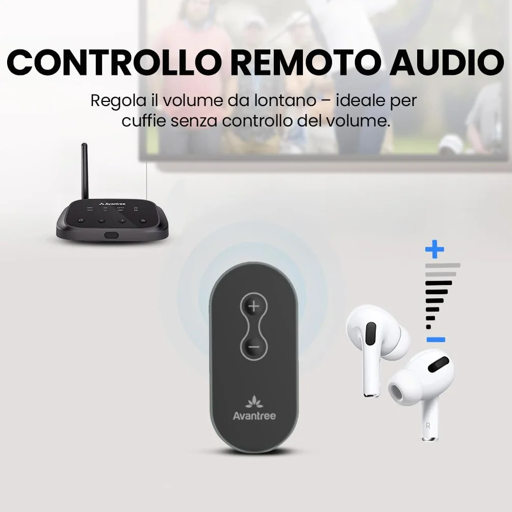 Avantree Oasis Plus 2 – Trasmettitore Bluetooth per TV con controllo del volume a distanza, supporta due cuffie, aptX‑Adaptive, passthrough soundbar, per TV con uscita ottica o AUX