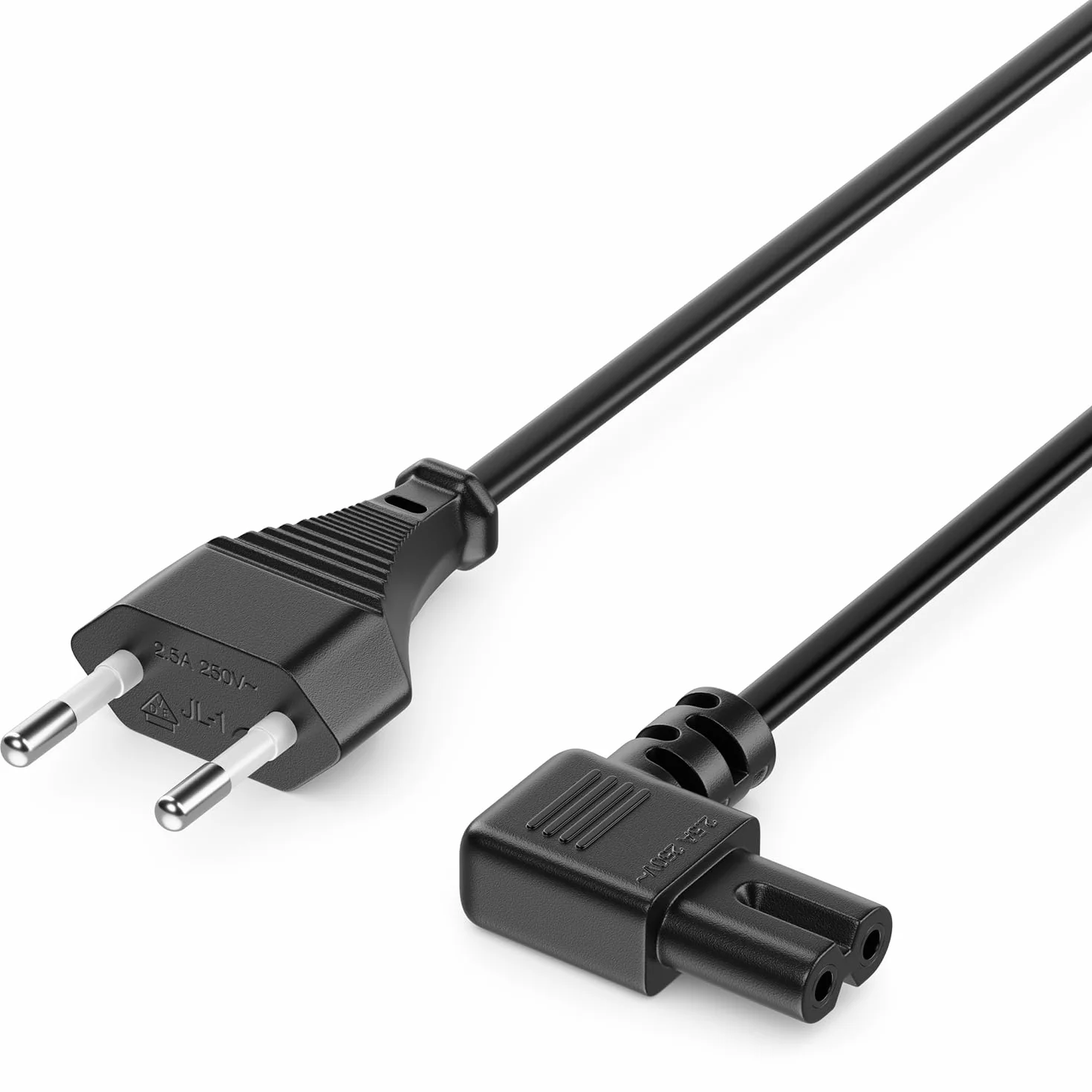 deleyCON 2m Cavo Alimentazione Corrente Linea Connettore Tipo C Spina Euro a Presa C7 90° Angolato Cavo Euro Dispositivi Compatti TV Blu-Ray Elettrodomestici Alimentatori - Nero