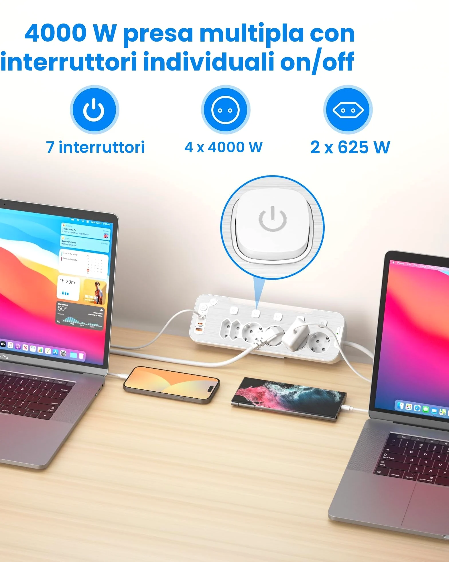 Ciabatta Multipresa da Scrivania,Multipresa Schuko Protezione Sovratensione | Presa Multipla Salvaspazio 6 Presa,Presa da Tavolo con USB C,Angolare Ciabatta Elettrica con Interruttore,Cavo 2 M,Bianco