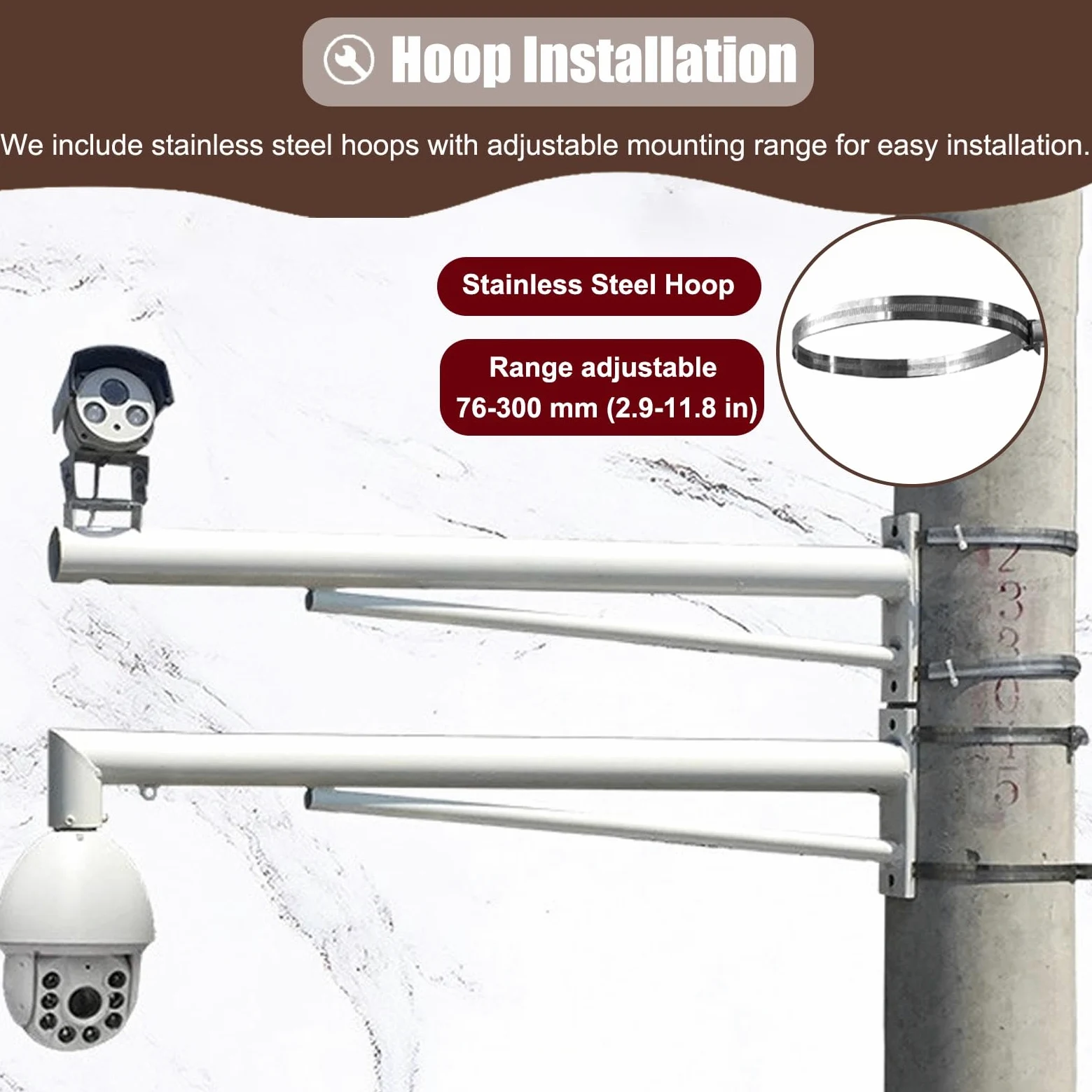 Palo per Telecamera di sorveglianza, palo per Telecamera di Sicurezza con Montaggio a Parete e Staffa ad Anello, palo in Acciaio/IP Regolabile da 1,6 a 6,6 Piedi per sorveglianza angolare es