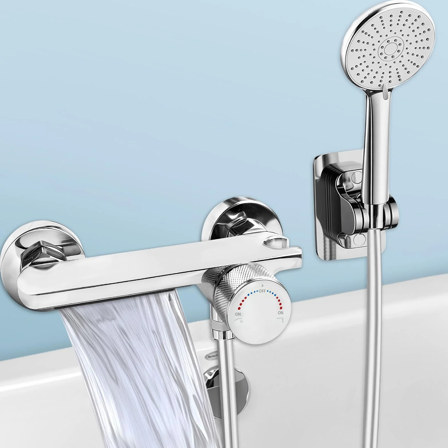 Rubinetto Vasca da Bagno a Parete, Miscelatore Cascata con Doccetta, Tubo 1,5m Antigroviglio, Ottone Massello, Cromato Argento