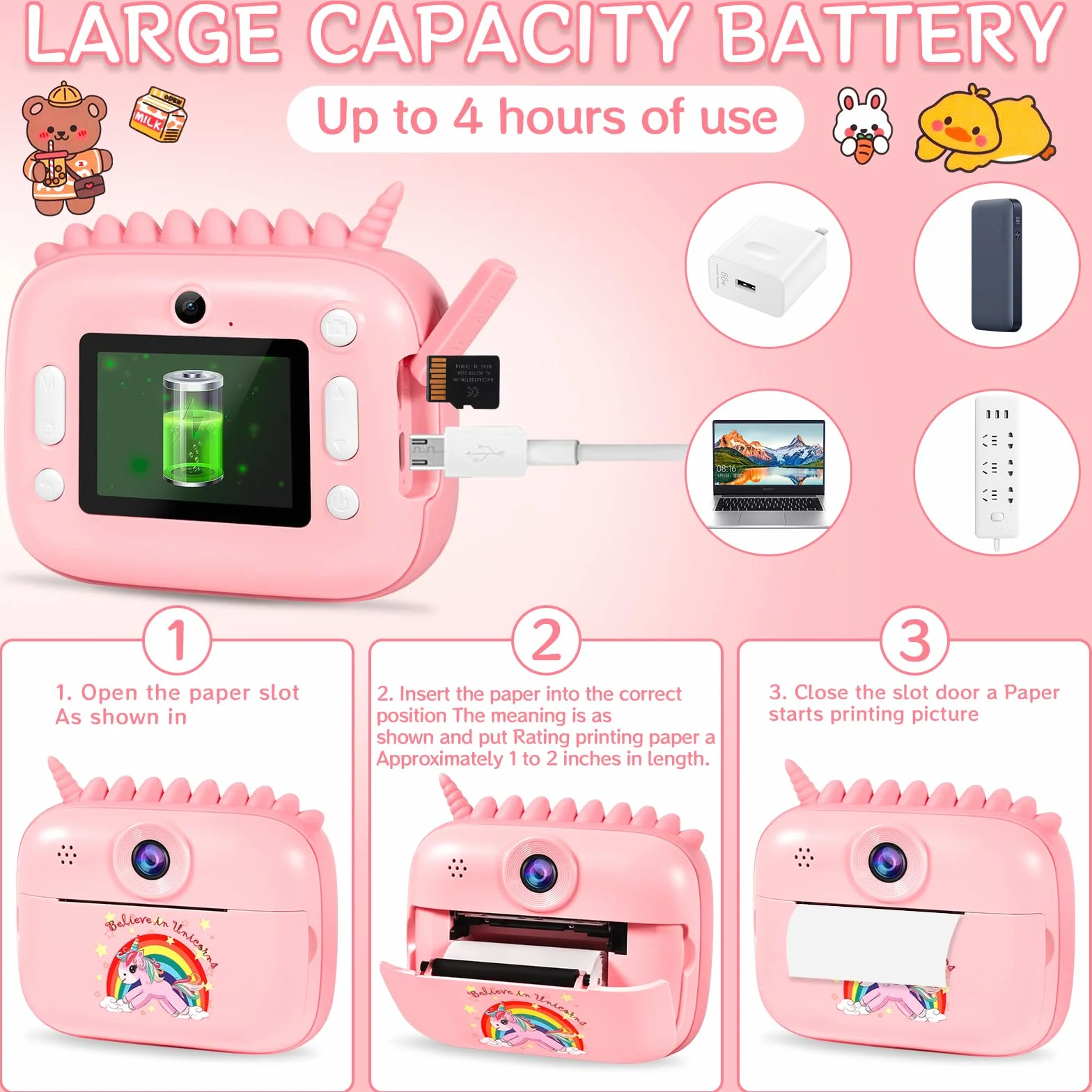 Fotocamera per bambini, 48 MP, schermo da 2,4 pollici, fotocamera istantanea con scheda 32 G, carta da stampa e penne colorate, video HD 1080P, regalo per bambini 3-12 anni