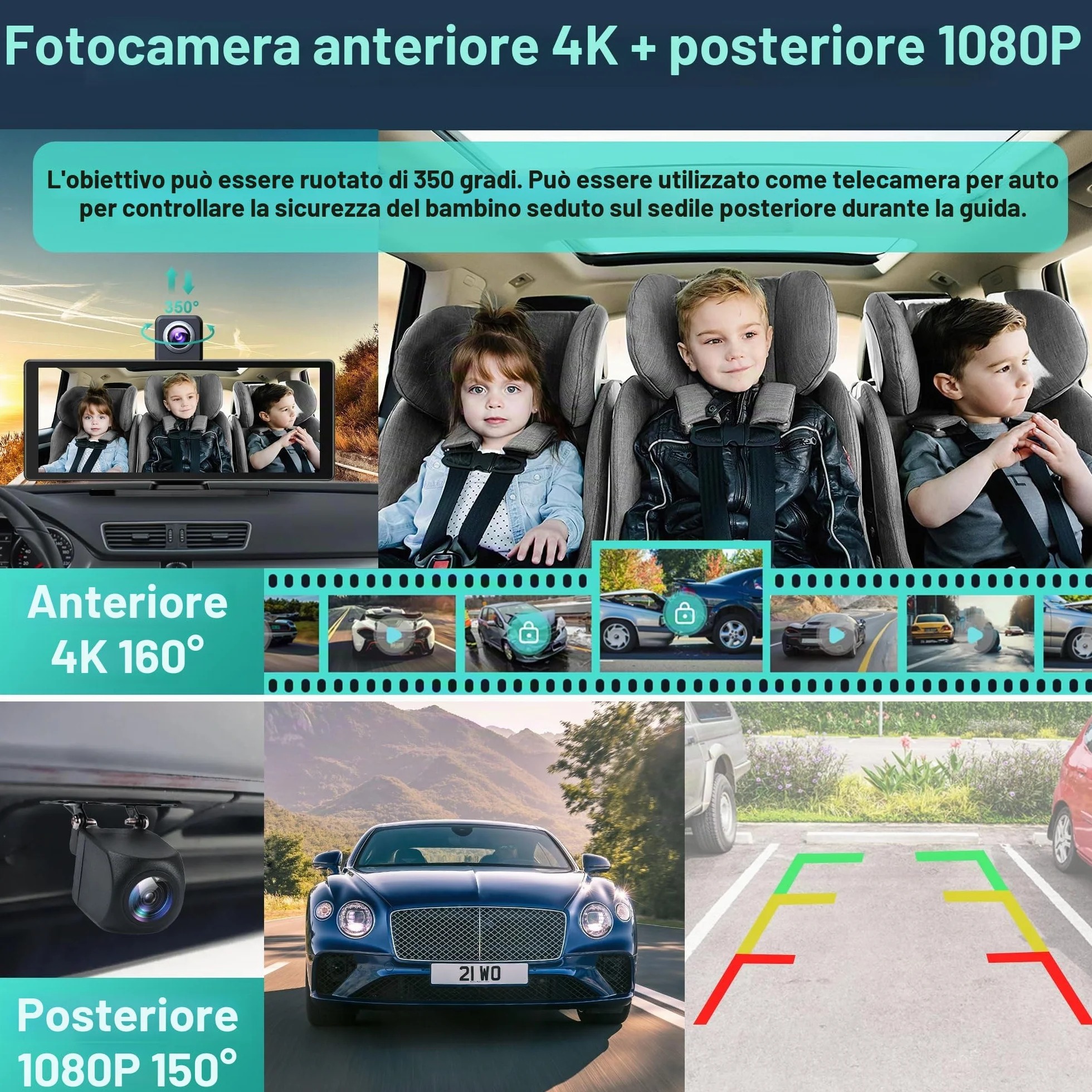 Audio Portatile Per Auto, 10.26" Schermo Carplay,car play per auto android con doppia telecamera anteriore + posteriore 4K 1080P, riproduzione car play wireless con Mirror Link/S-iri/AUX/64G TF