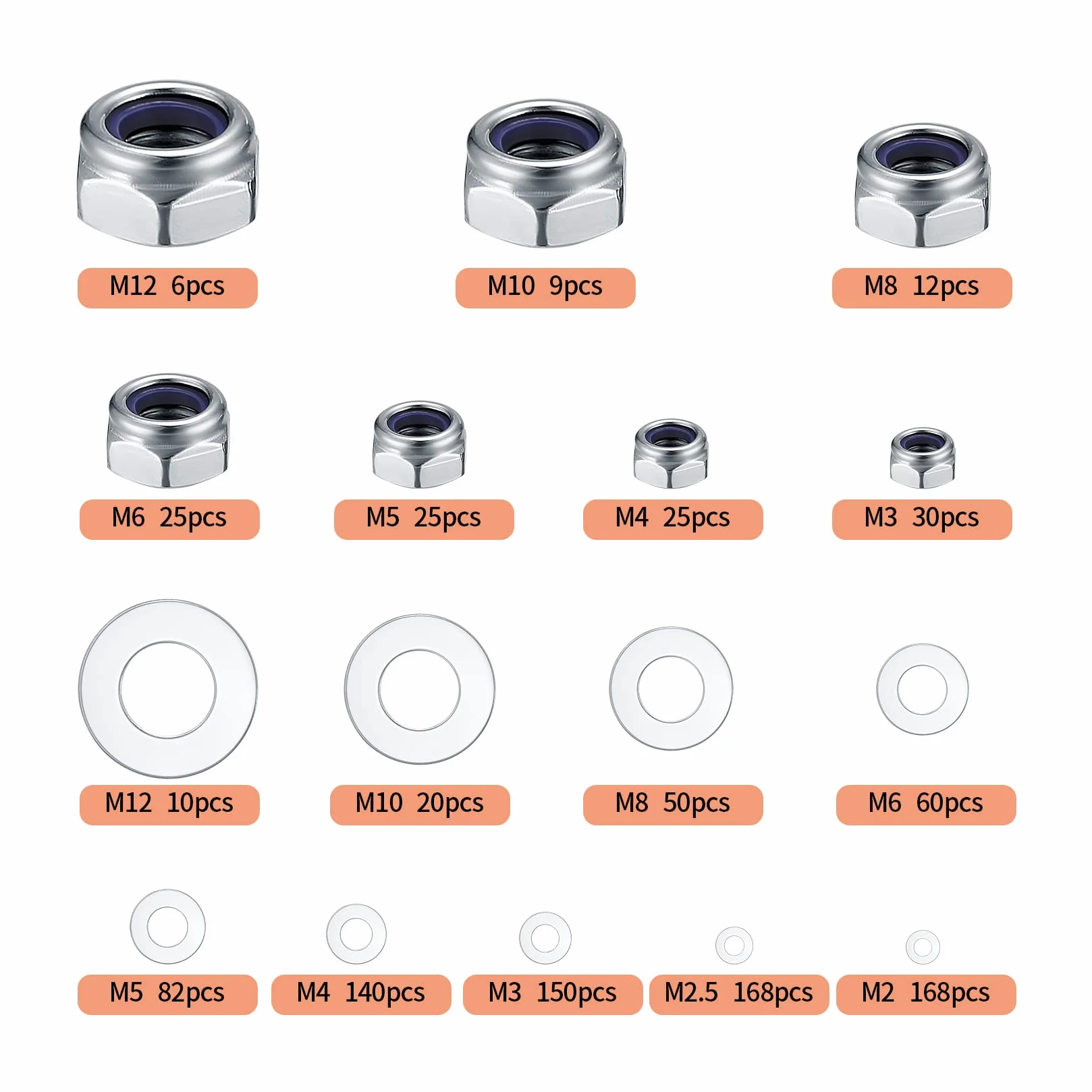 Dadi Esagonali di Bloccaggio con Rondelle Piatte Set, Acciaio Inox M2.5-M12
