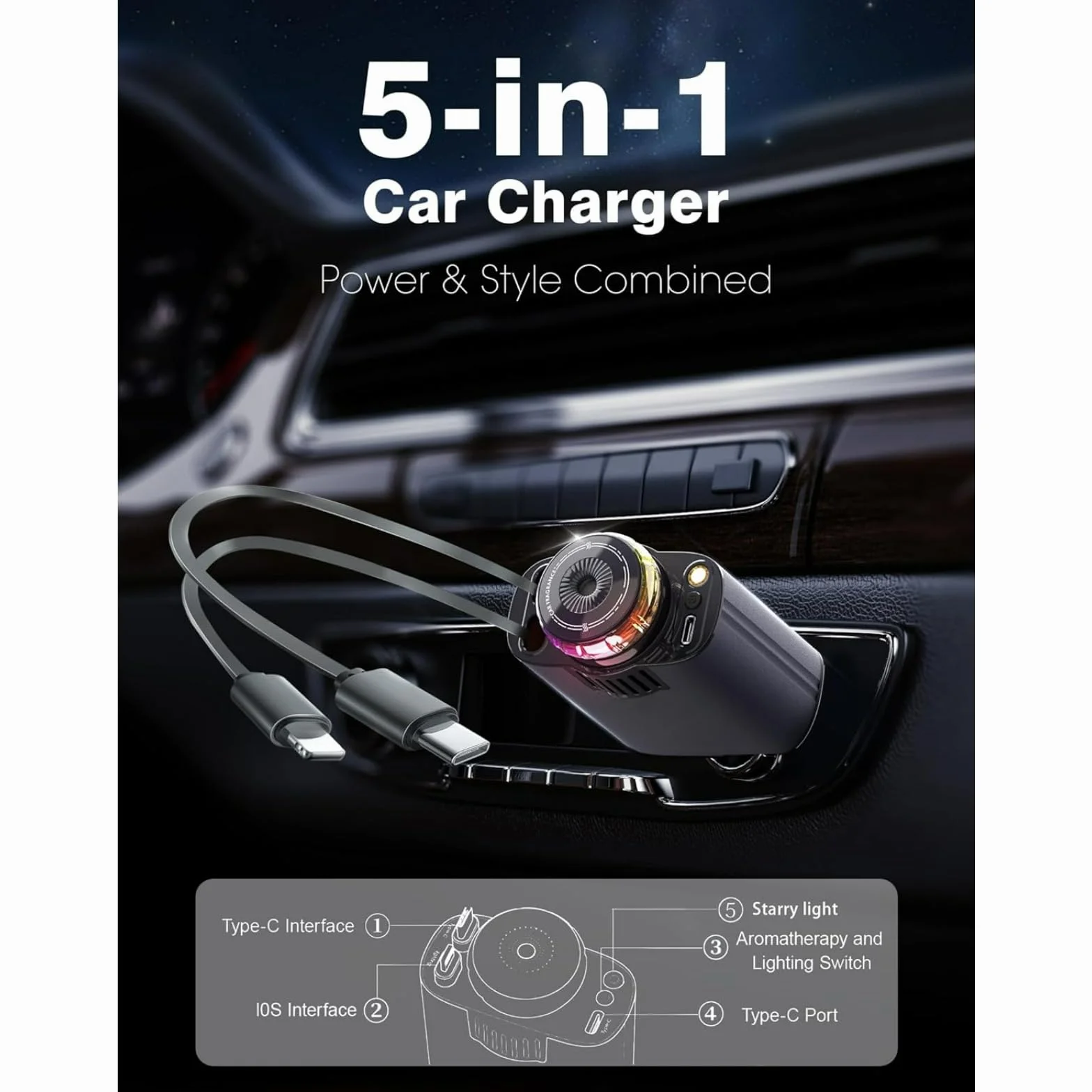 Starlight - Caricabatterie retrattile da auto USB-C da 120 W con aromaterapia, adattatore per accendisigari a ricarica rapida per iPhone 16/15/14/13/12/11, accessorio essenziale per auto, regalo per