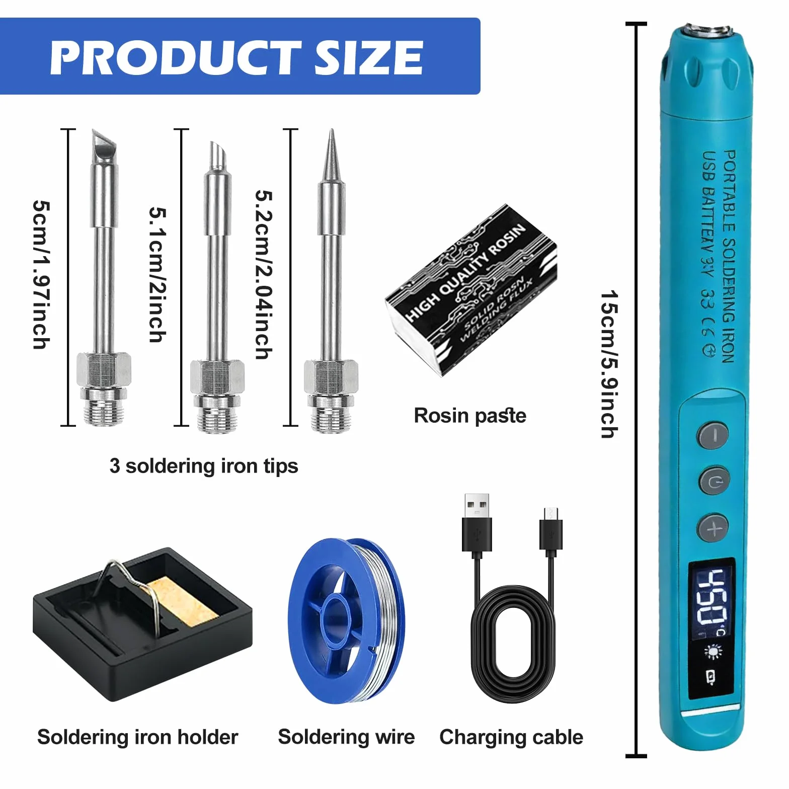 Saldatore a Batteria con LCD, Temperatura Regolabile 200℃-450℃, Ricaricabile USB Senza Fili