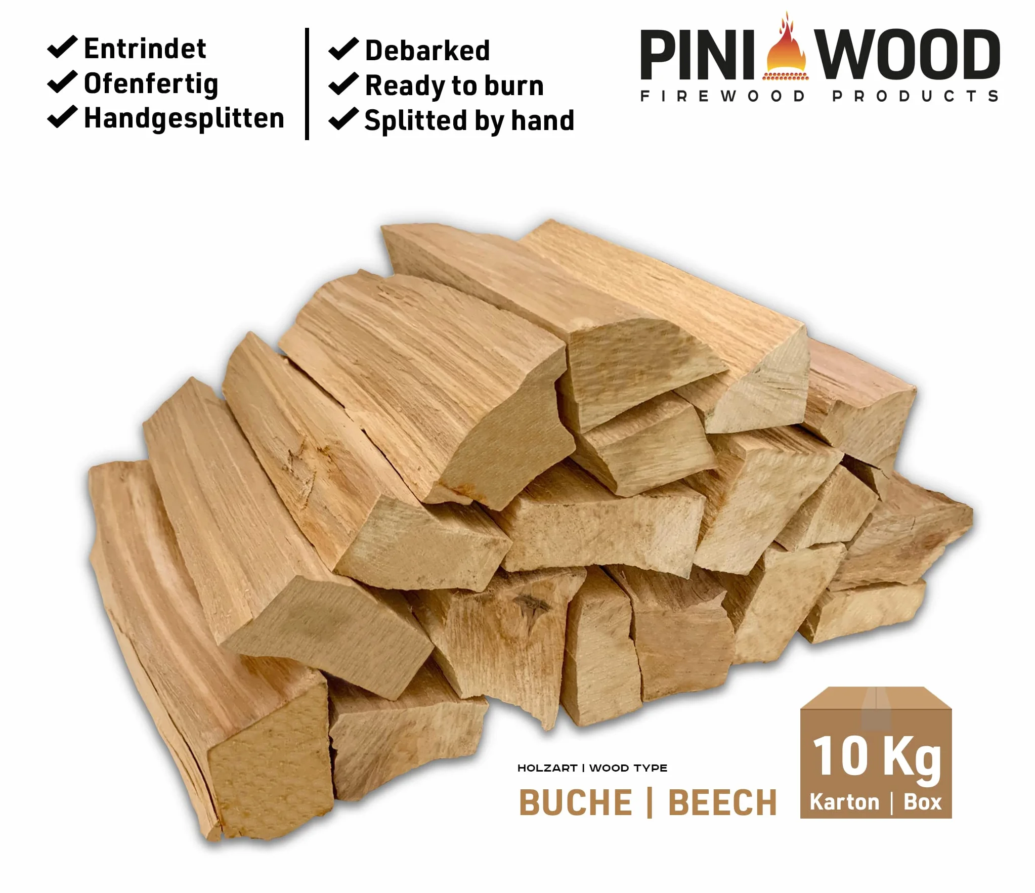 PINI Legna da ardere per barbecue in legno di faggio senza corteccia 10 kg, circa 25 cm per forno a pizza, griglia, affumicatore, camino, braciere