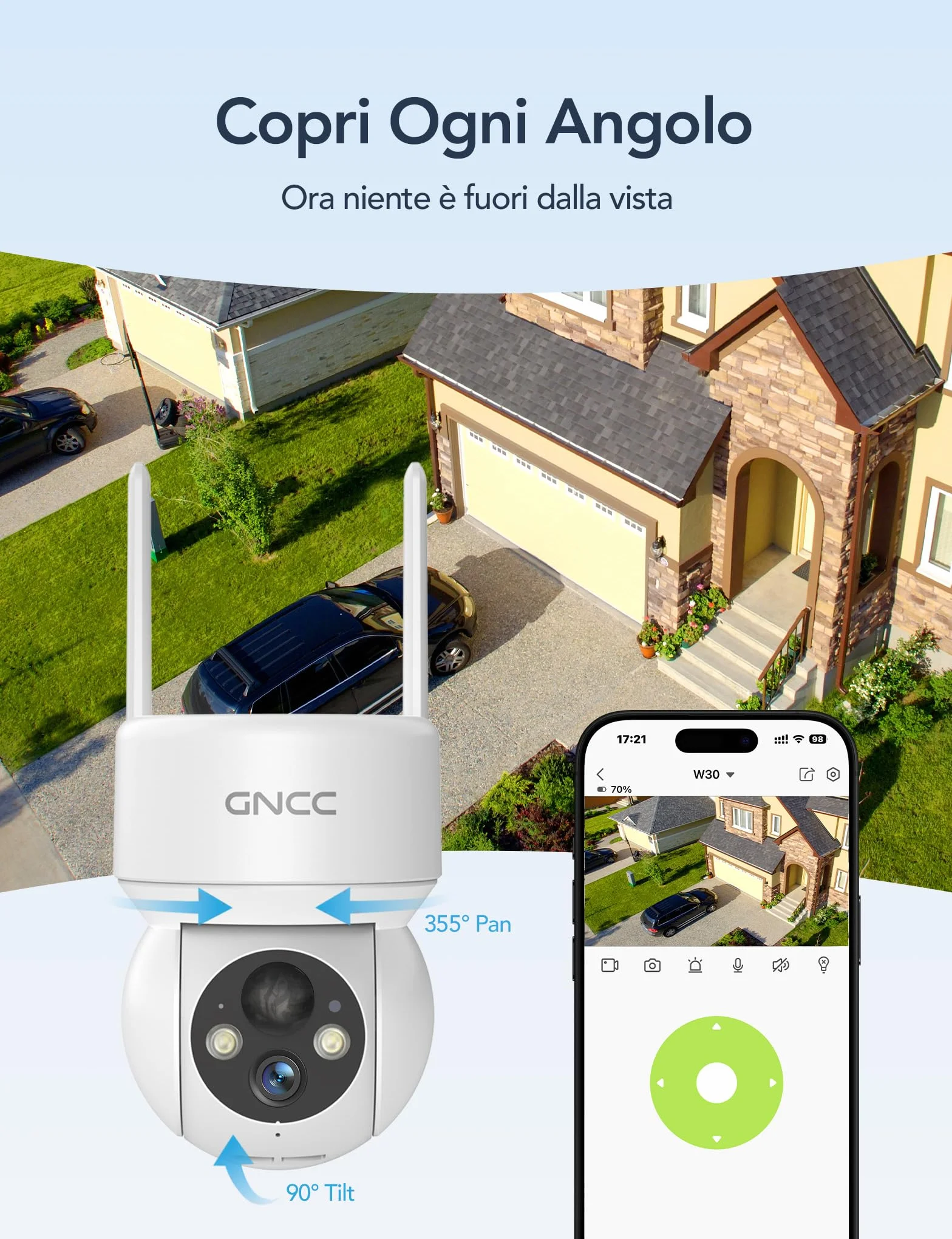 GNCC Telecamera WiFi Esterno Senza Fili con Pannello Solare, 2MP Videocamera Sorveglianza Esterno a Batteria 5200mAh, Rilevamento PIR/Umano, 360° PTZ, Visione Notturna a Colori, Audio Bidirezionale