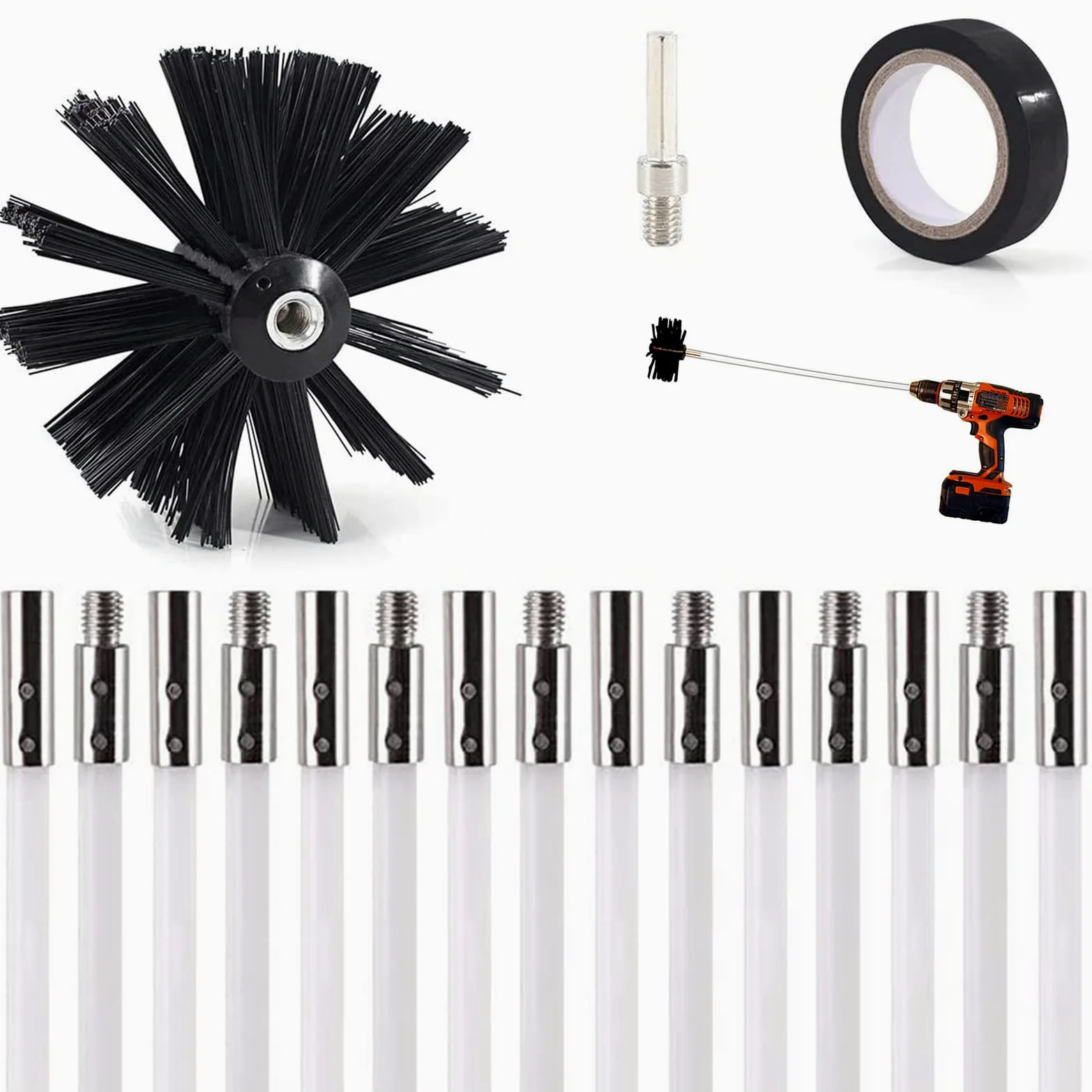 Kit Spazzacamino 2.4/3.6/4.9/6M Spazzola Canna Fumaria Spazzola Pulizia Camino Estensibili con Aste Flessibili Set di Spazzole per Camino per Tubi Ventilazione Camino Grondaia,20FT