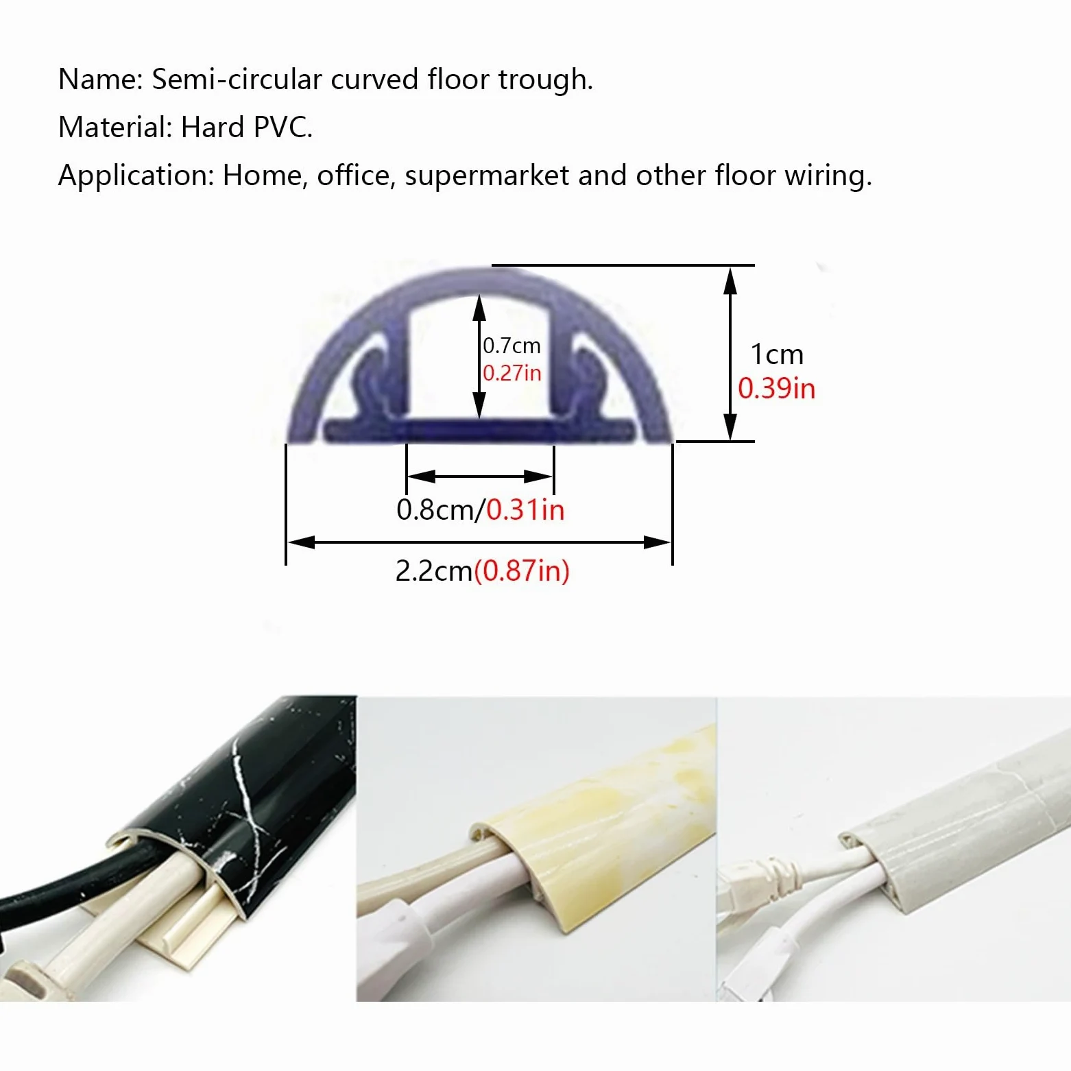 Passacavi Gestione dei cavi per canaline, Copricavo autoadesivo in PVC rigido a forma di mezzo tondo per contenere 1 cavo, Copri cavo di alimentazione Canale per cavi a pavimento (Color : Style 7, S