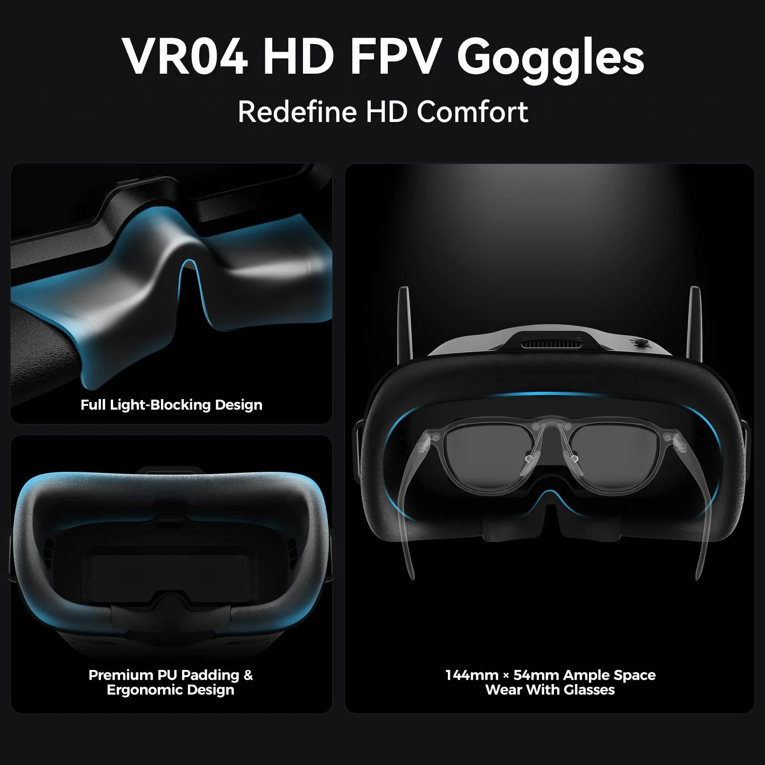 BETAFPV VR04 HD FPV Goggles with 1080P Resolution, 4.5'' Screen LCD, Micro SD Slot, 2 2600mAh Lipo Batteries Up to 3H, Adjustable Headband, Support Recording Replay Compatible for P1 Air Unit VTX