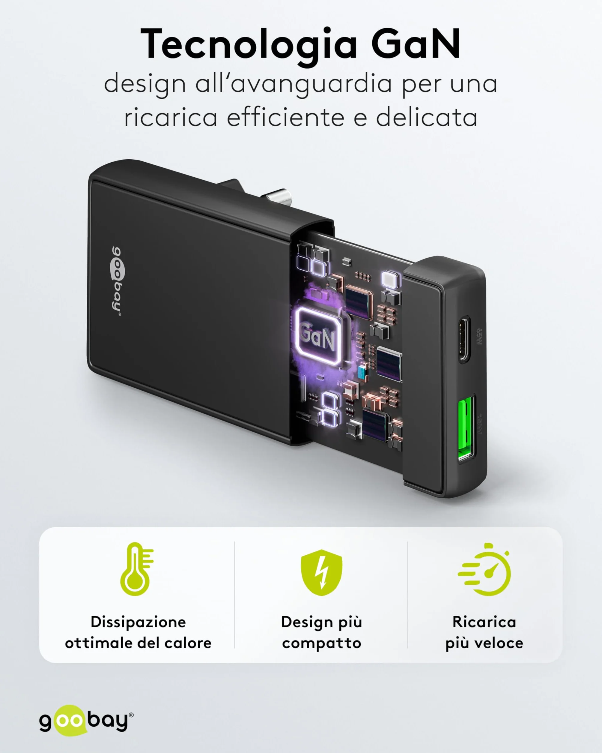 goobay GaN Caricabatteria da 65 W, con doppia porta (USB-C e USB-A), design piatto a 90°, ultra sottile e salvaspazio, per Apple, Samsung, Huawei, tablet ecc., nero,75723