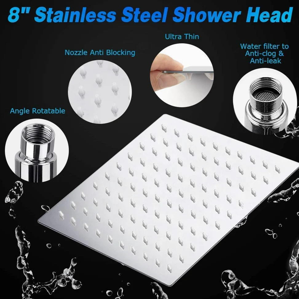 Set di soffione doccia ad alta pressione da 20,3 cm, soffione doccia a pioggia in acciaio inox, con tubo da 152 cm, soffione anti-perdite con supporto, regolatore di flusso, cromato, 4 ganci per