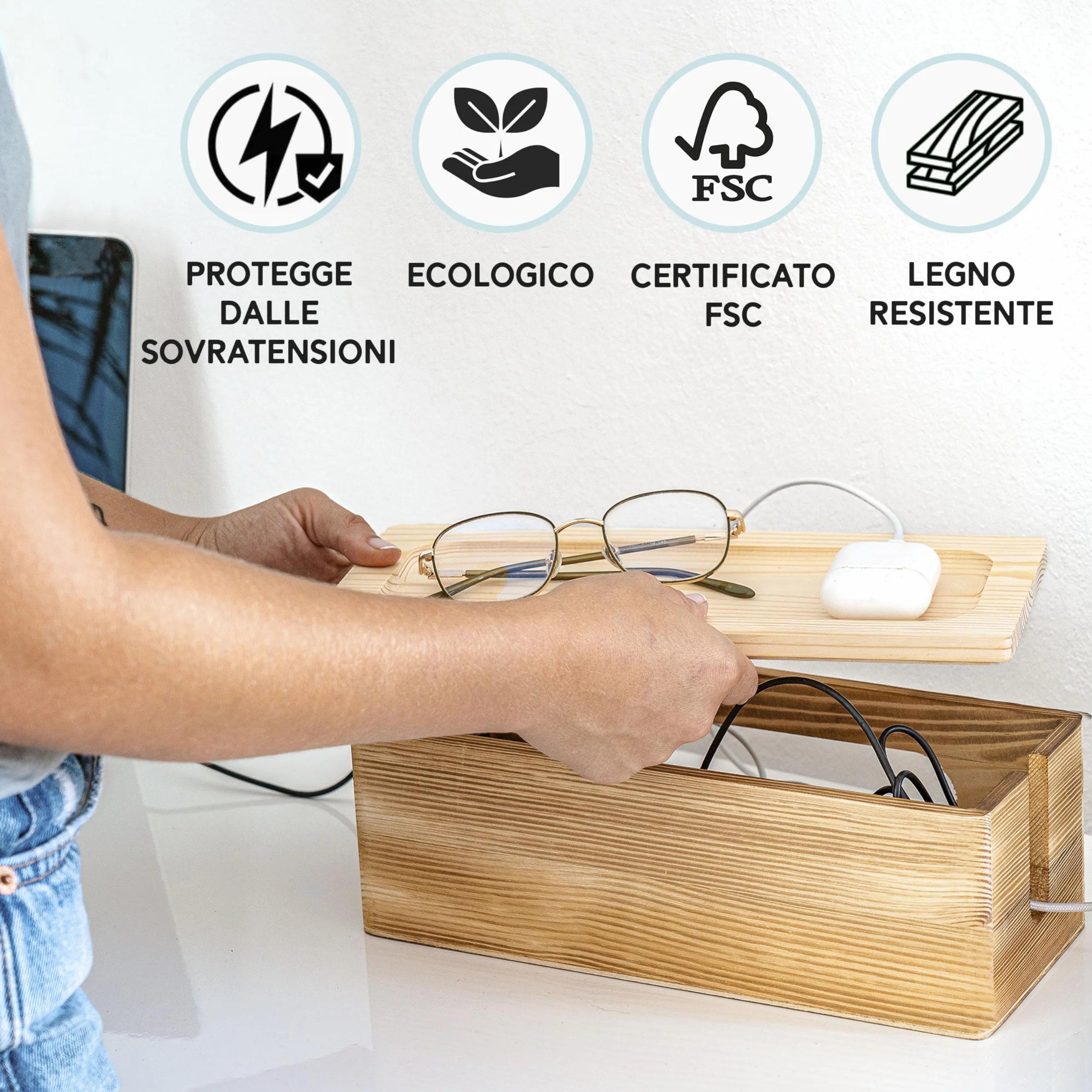 Nature Supplies Set Scatole Raccogli Cavi in Legno di Pino - 1 Scatola Coprifili Media, 1 Cable Box Nascondi Fili Grande