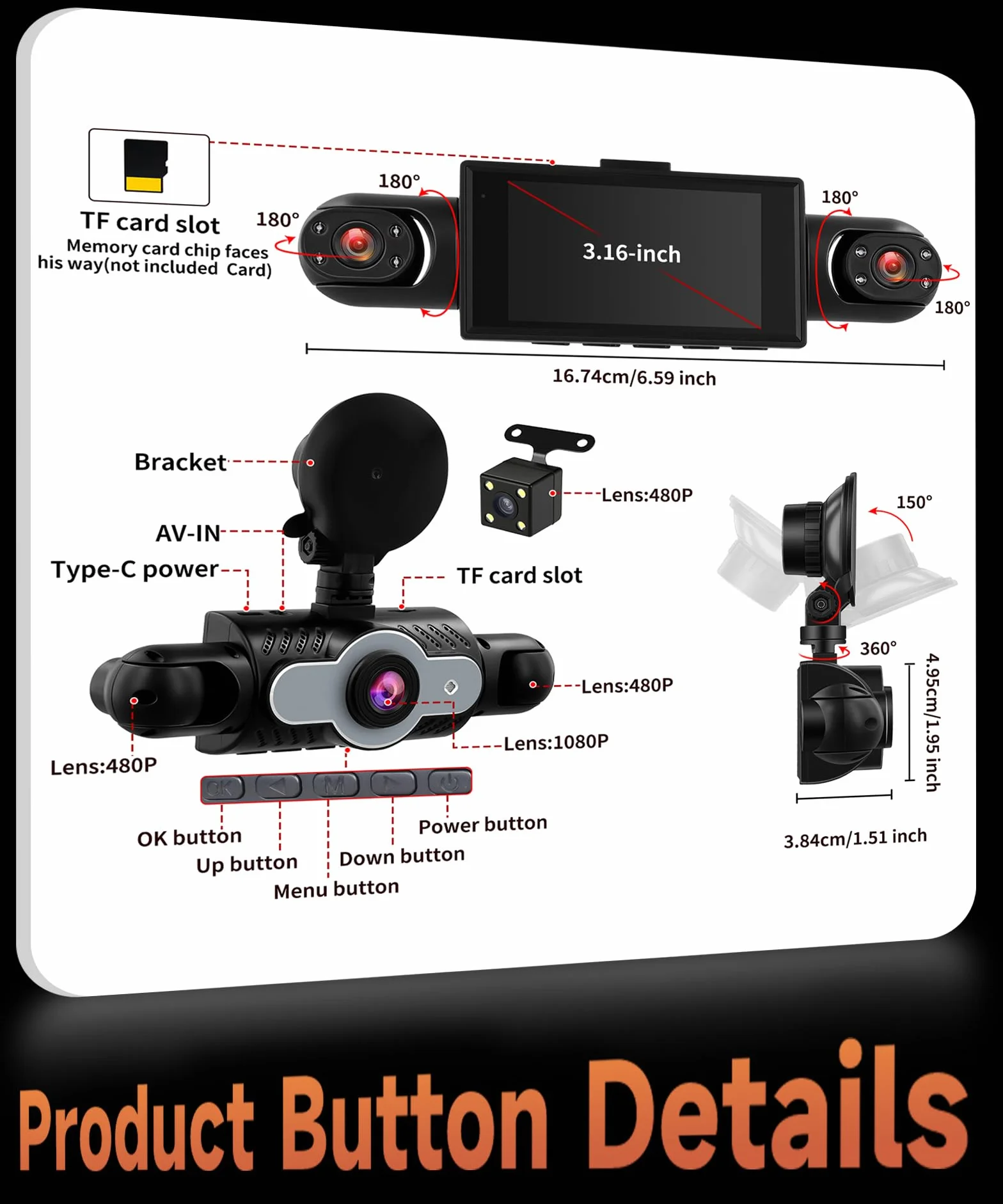 Rimoody 4 Canali Dashcam Auto 360°, 4 Telecamera HD 1080P Anteriore e Posteriore Sinistra Destra, 3 Pollici IPS Schermo Dash Cam con Visione Notturna 8 IR/Loop Video/24H Parcheggio Monitor