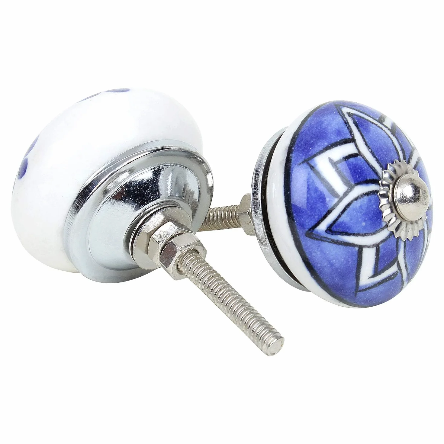 Set da 10 Pomelli Cucina in Ceramica Blu e Bianco Dipinti a Mano – Maniglie Decorative per Mobili con Viti