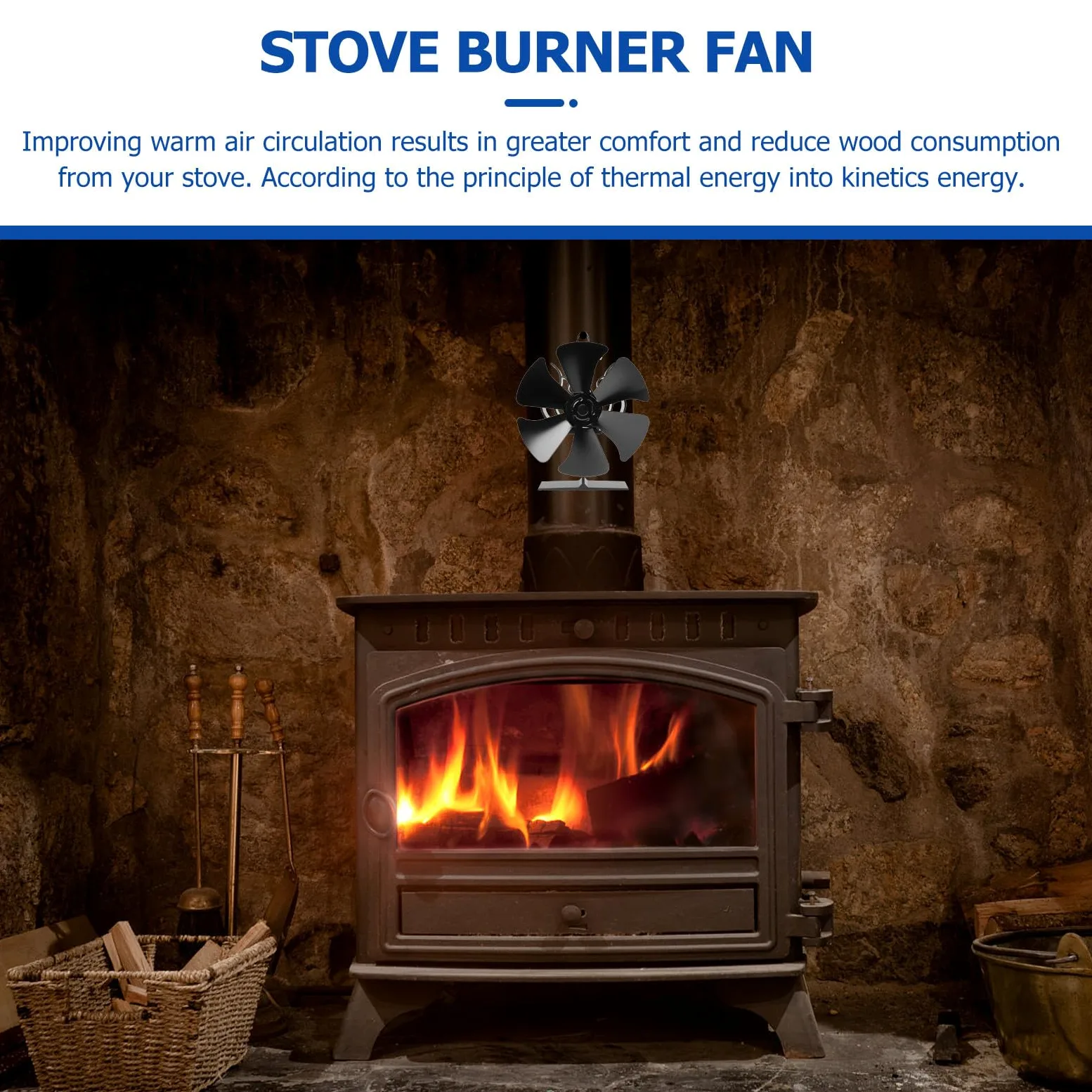 BESTYASH Ventilatore Termico per Stufa a Legna 6 Pale Nero Alluminio | Stufa Termoventilatore senza Elettricità, Ventilatore per Stufa Legna, Atmosfera Estiva