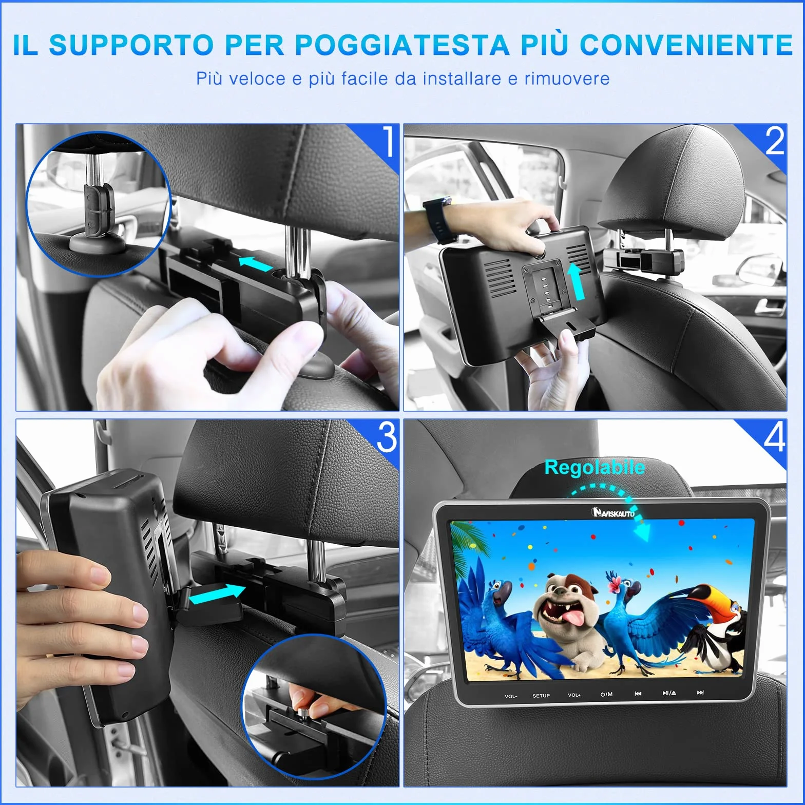 NAVISKAUTO Lettore dvd da auto per poggiatesta，due cuffie dotate, due monitor da 10.1＂, supporta USB/SD/Region free/AV-in e out, cavo AUX, 18 mesi di garanzia, per bambini