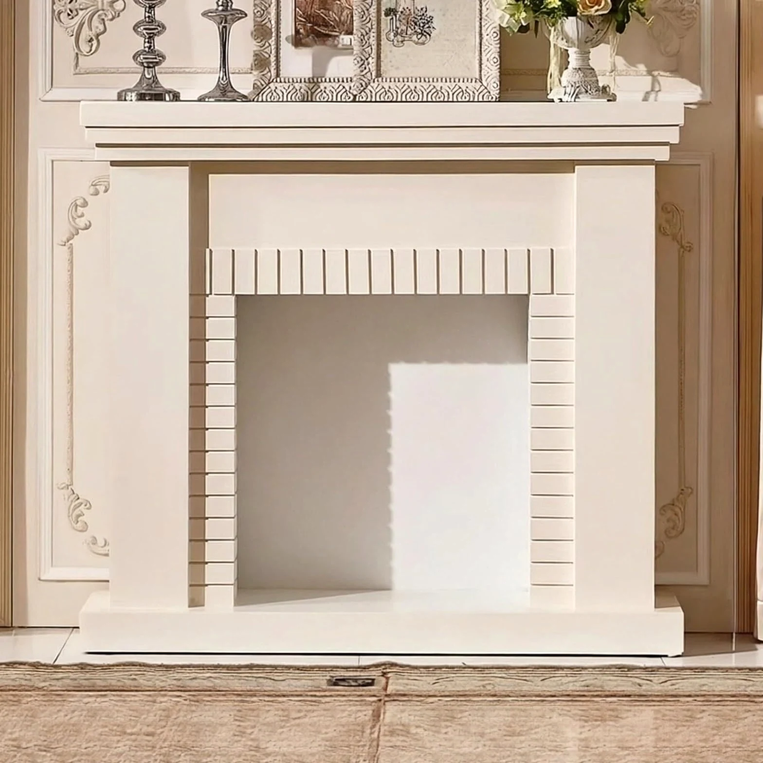 Cornice per caminetto Cornice for caminetto in rovere massello con mobiletto decorativo motivo a mattoni(Natural)