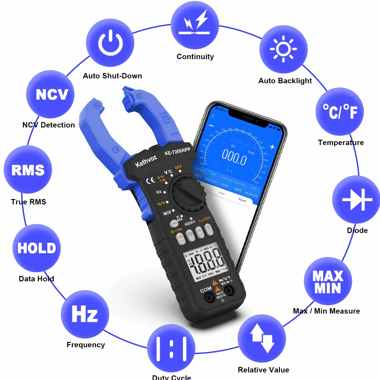 Digitale Pinza Amperometrica 400A CC/CA, Kethvoz Bluetooth Multimetro Professionale Misura AC/DC Elettrica Corrente Tensione Resistenza Capacità, 6000 Conteggi Amperometro KE-7200APP