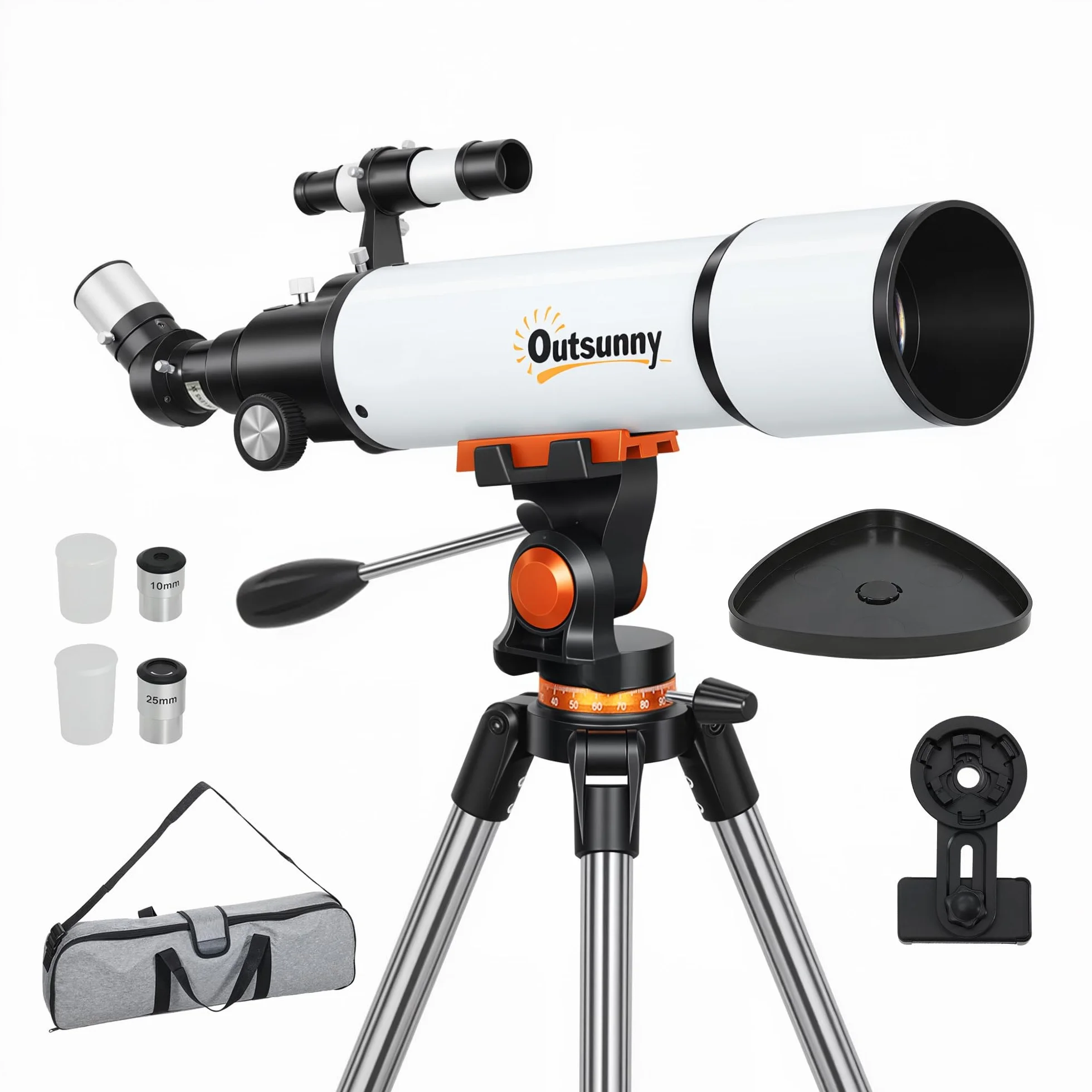 Outsunny Telescopio Astronomico con 80mm Apertura/500mm, 40X/16X Telescopio Rifrattore Portatile con Adattatore Telefono, Borsa da trasporto, Treppiede Regolabile in Altezza per Adulti, Bianco e Nero