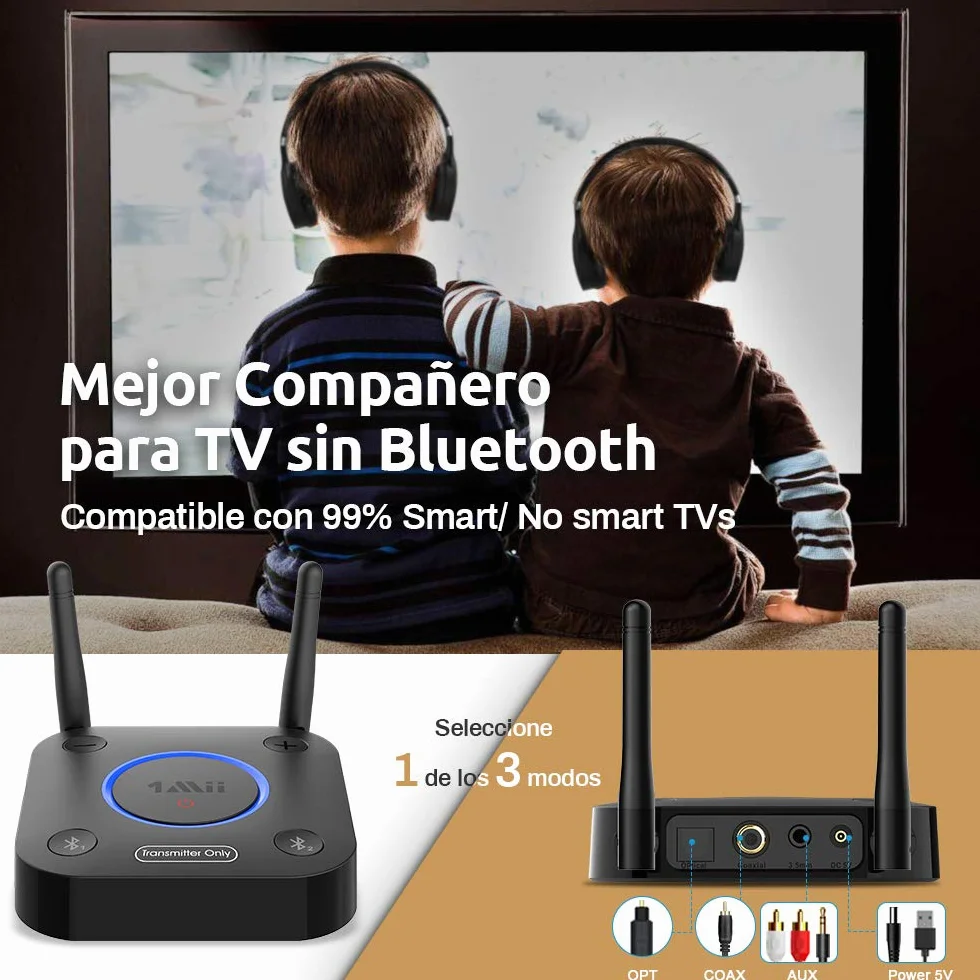 1Mii Trasmettitore Bluetooth 5.2 per TV a 2 Cuffie Bluetooth, Adattatore Audio Wireless TV con Controllo Volume, Ingresso Ottico, Coassiale, AUX, RCA, AptX Bassa Latenza, Lungo Raggio 60m