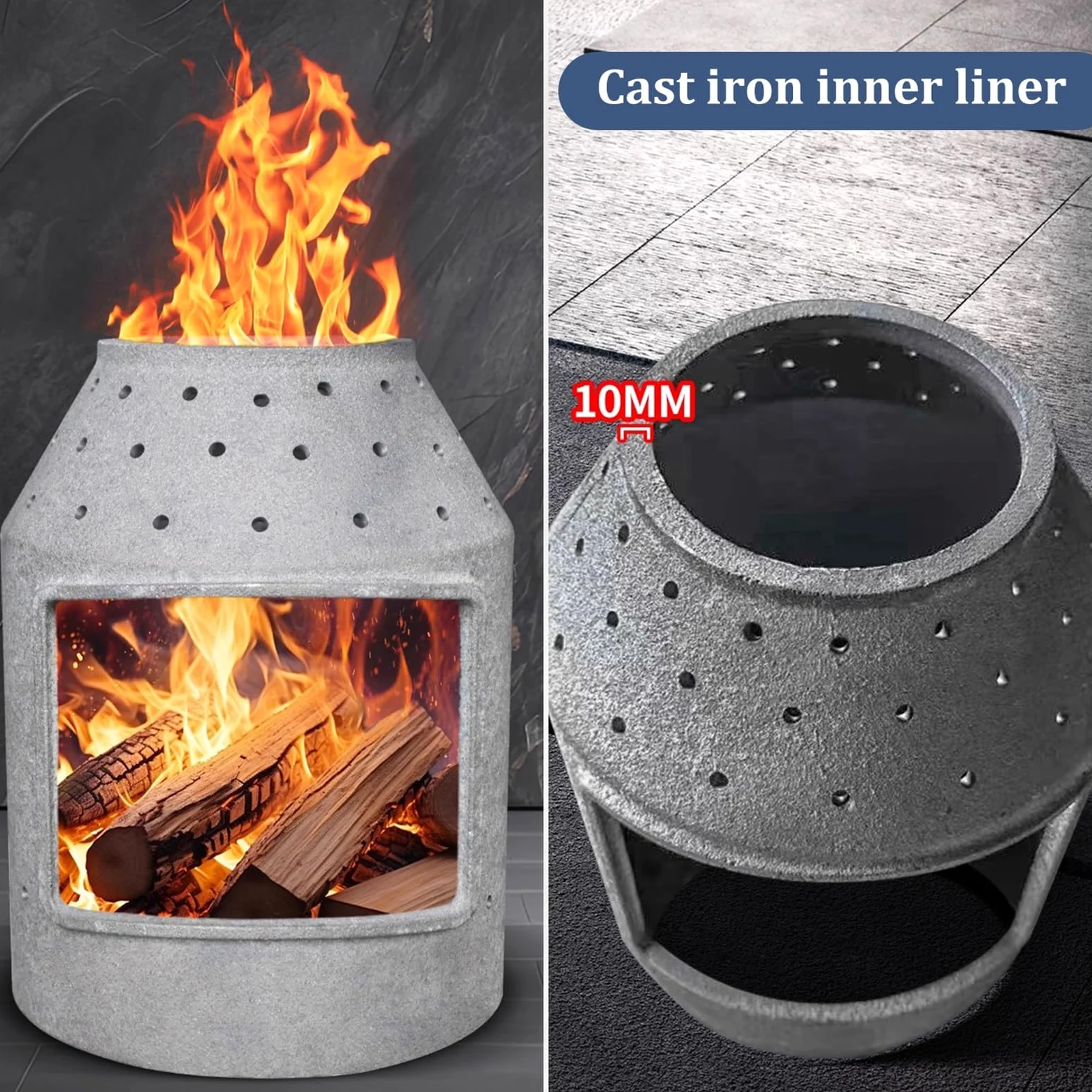 Stufa a legna resistente, rivestimento interno in ghisa, corpo in acciaio, stufa a legna con tubi per camino e forno per riscaldamento interno ad alta efficienza energetica
