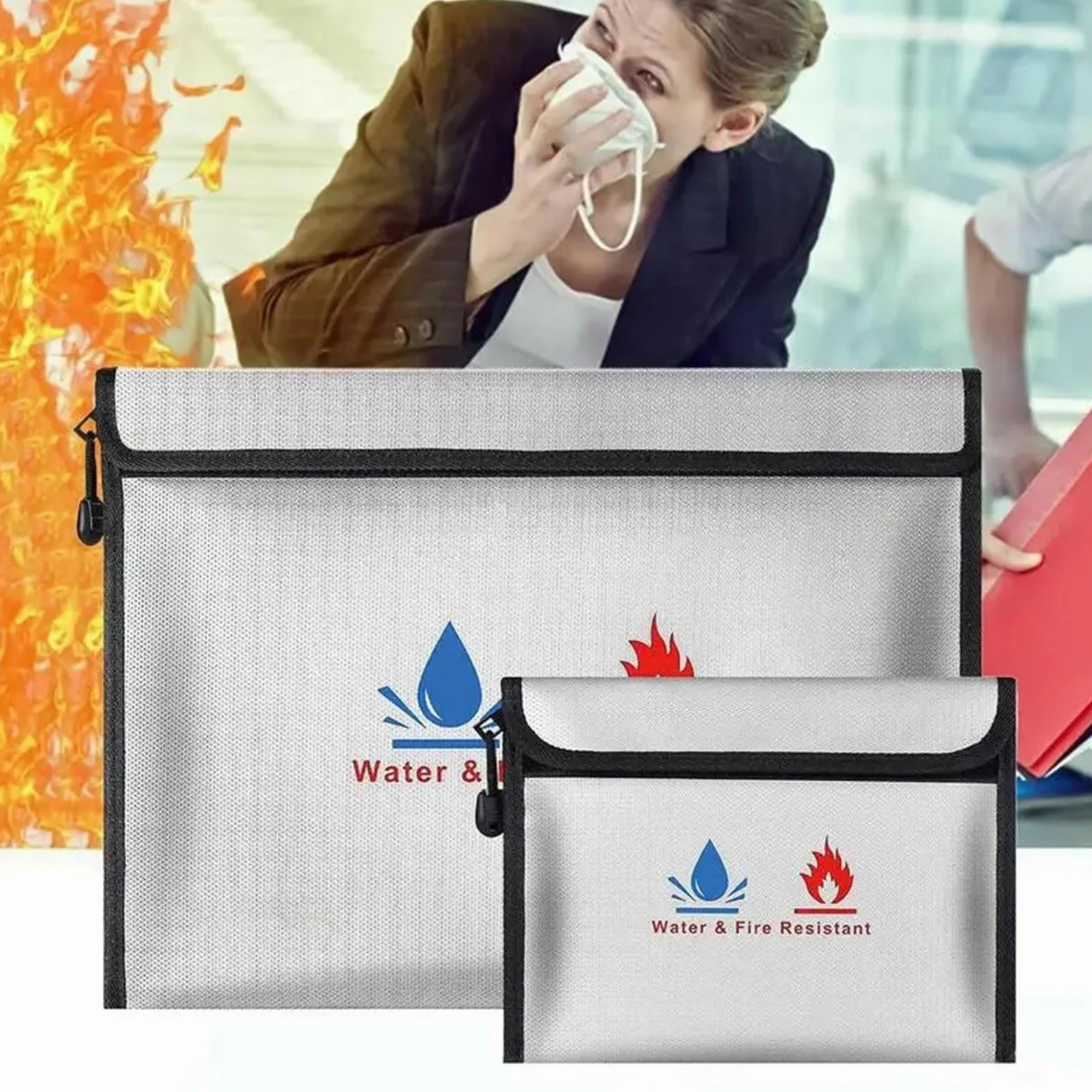 Borsa portadocumenti ignifuga da 2 pezzi, portadocumenti impermeabile con cerniera, porta contanti per Documenti Passaporto(S)