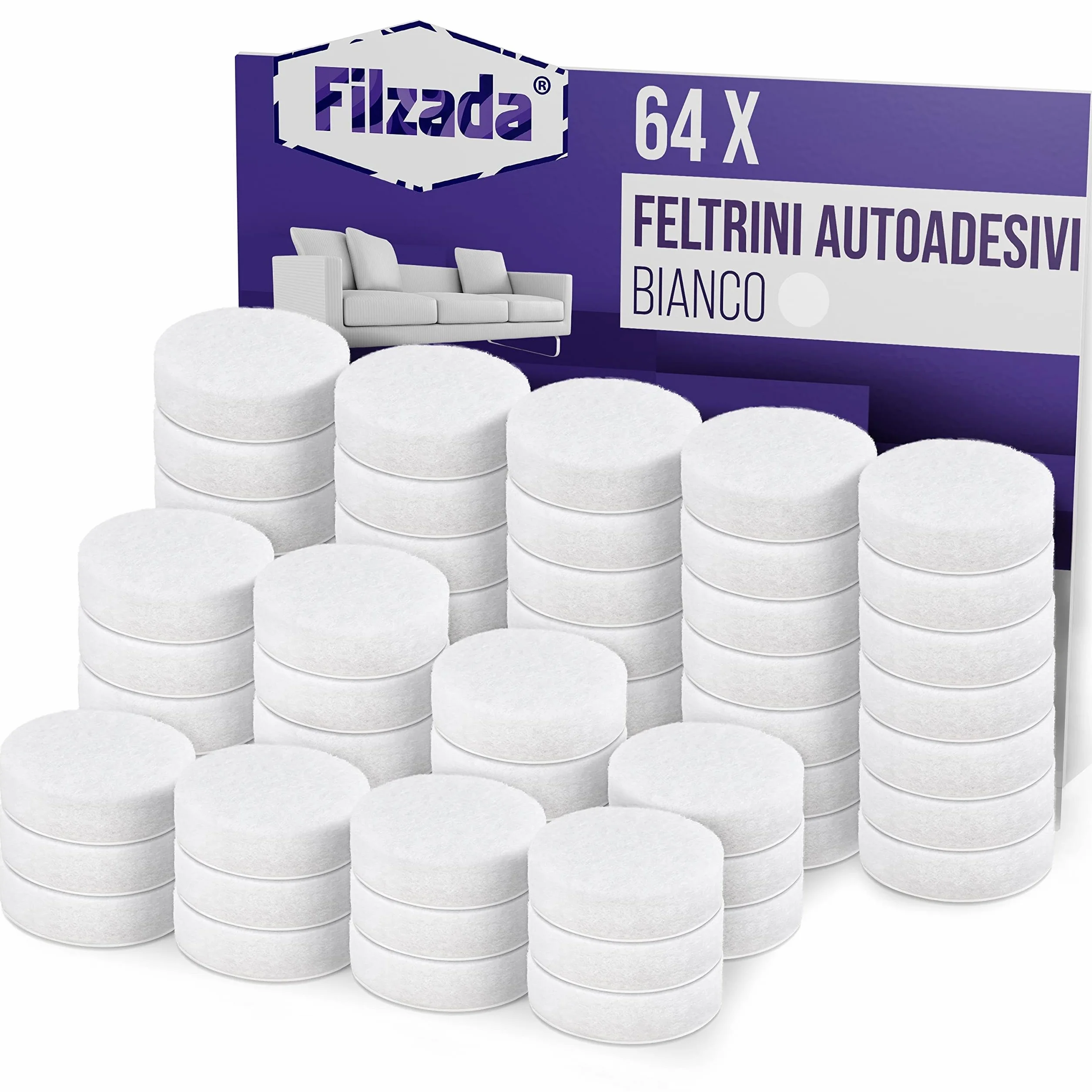 Filzada® 64x Feltrini autoadesivi Ø 20 mm Bianco Feltro professionale per mobili