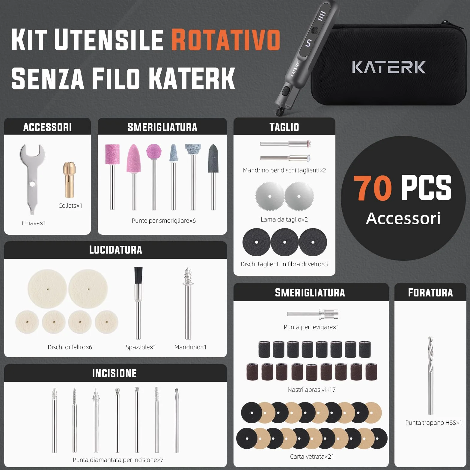 Katerk Kit di Utensile Multifunzione 3.7V Utensile Rotante 20000 giri/min 2500mAh 70 Accessori per Foratura Fresatura Incisione Lucidatura Grigio