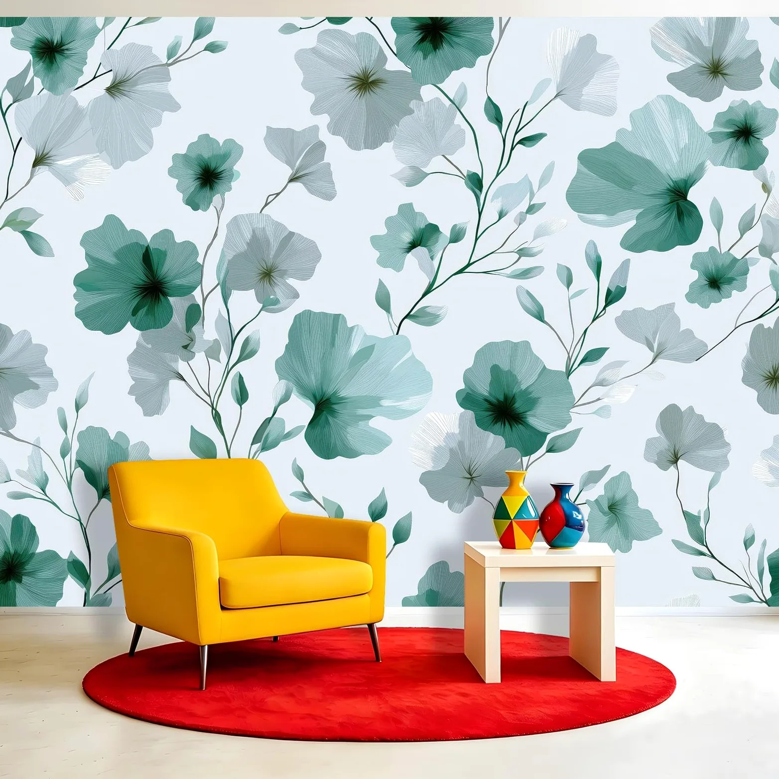 Carta da parati fotografica con motivo botanico scandinavo, 250 x 175 cm (larghezza x altezza), stampa artistica di alta qualità, decorazione per la casa, fai da te, fiori e foglie verdi, per bagno