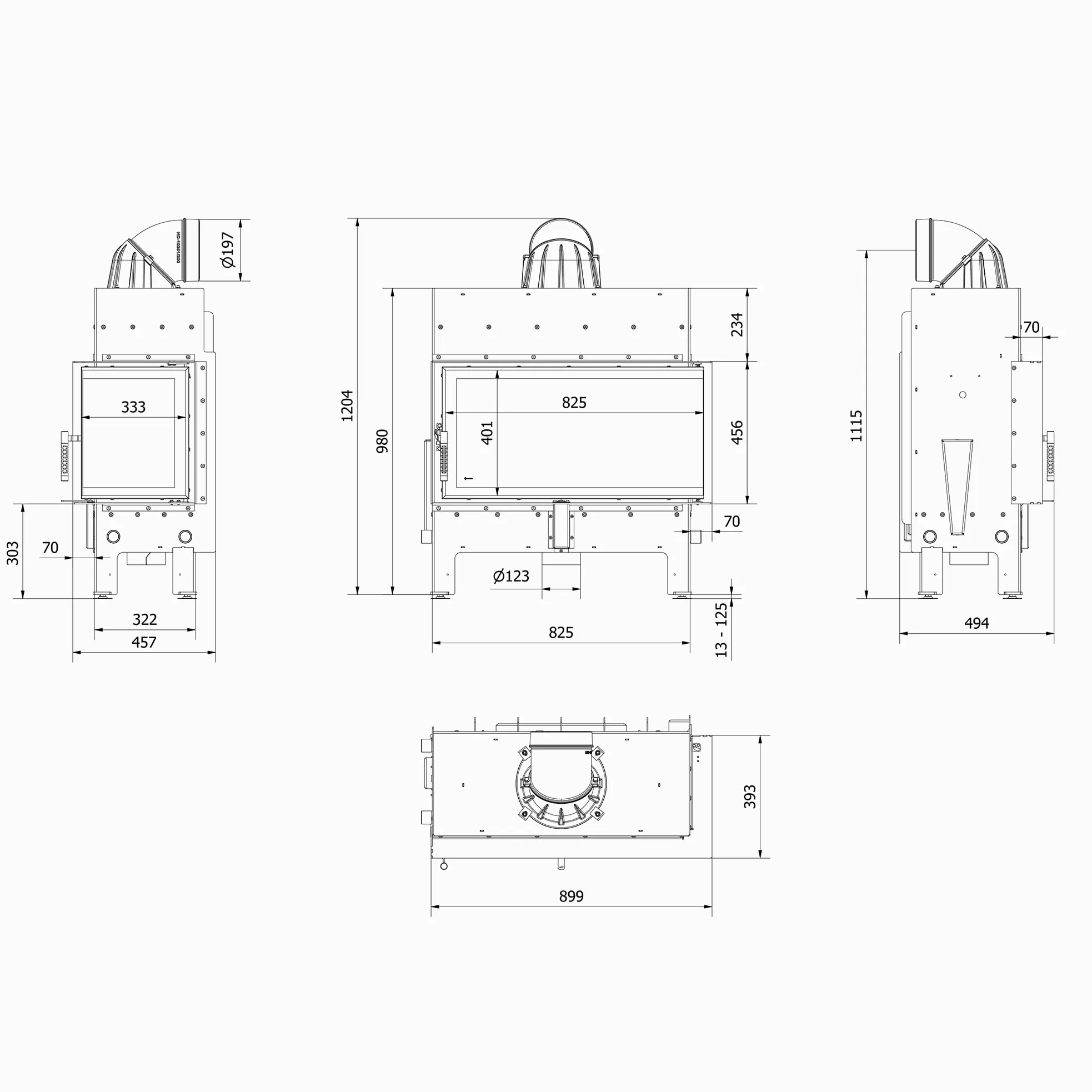 KRATKI Inserto per camino in acciaio a legna FLOKI 12 kW Ø200 destro A+ | Acciaio nero, efficienza 85,4%, classe A+. Ecodesign, BImSchV 2; per recupero calore.; kit di montaggio; basse emissioni