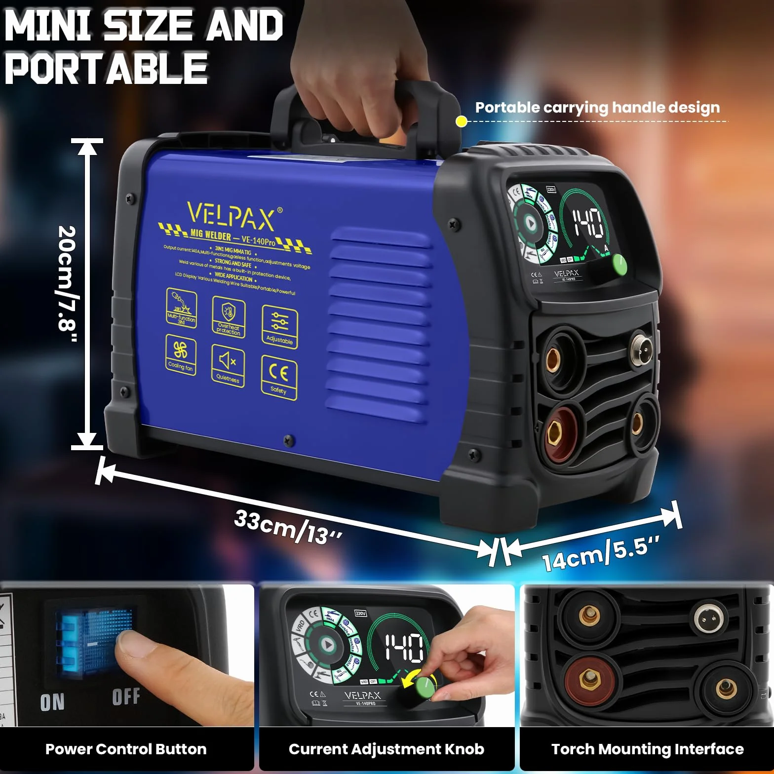 Saldatrice a Filo Continuo Senza Gas 140A 3 in 1 MIG/ARC/Lift TIG IGBT Inverter con Display LED