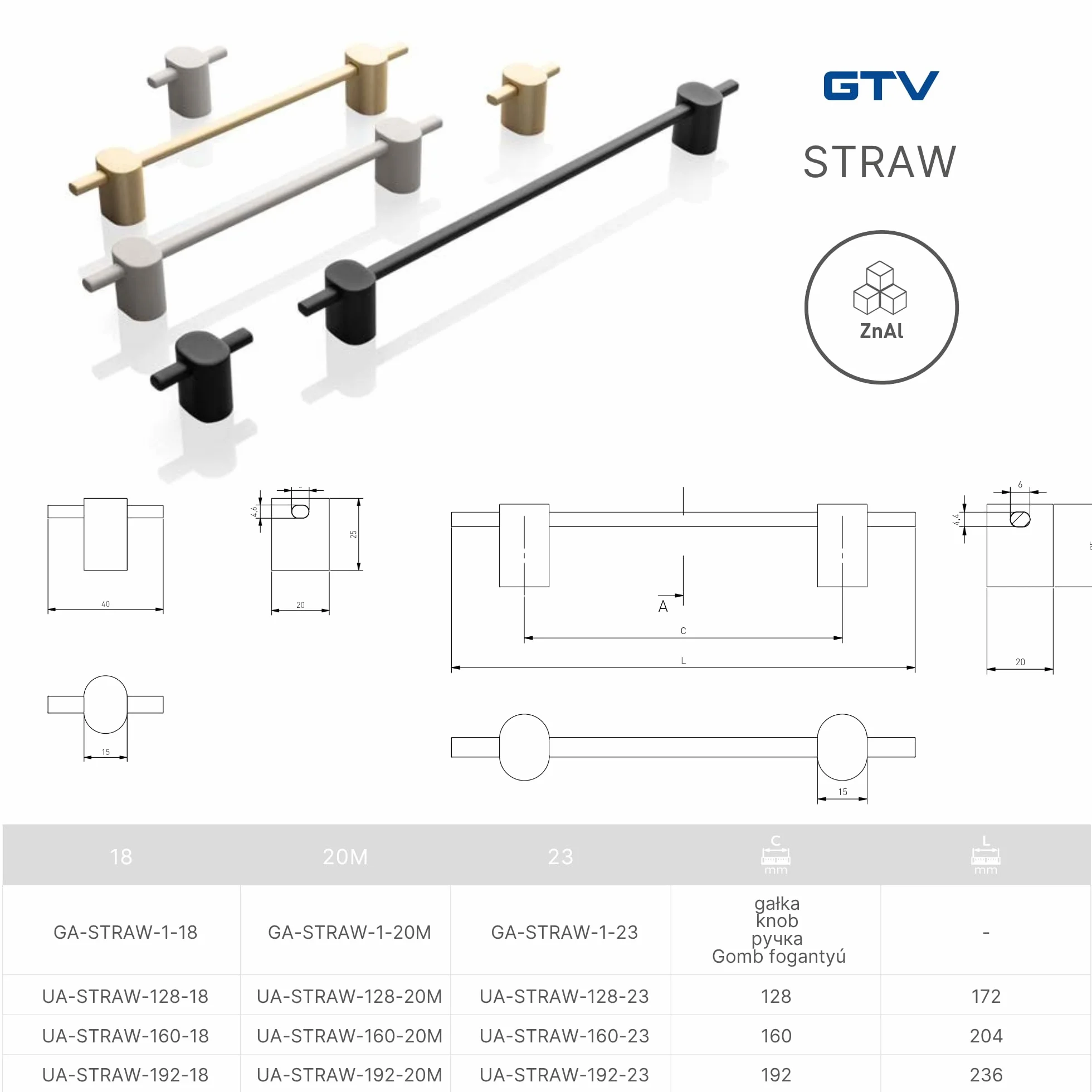 GTV Pomello per Mobili STRAW, Pomello Moderno in Alluminio Nero Opaco per Cucina Armadio Cassettiera