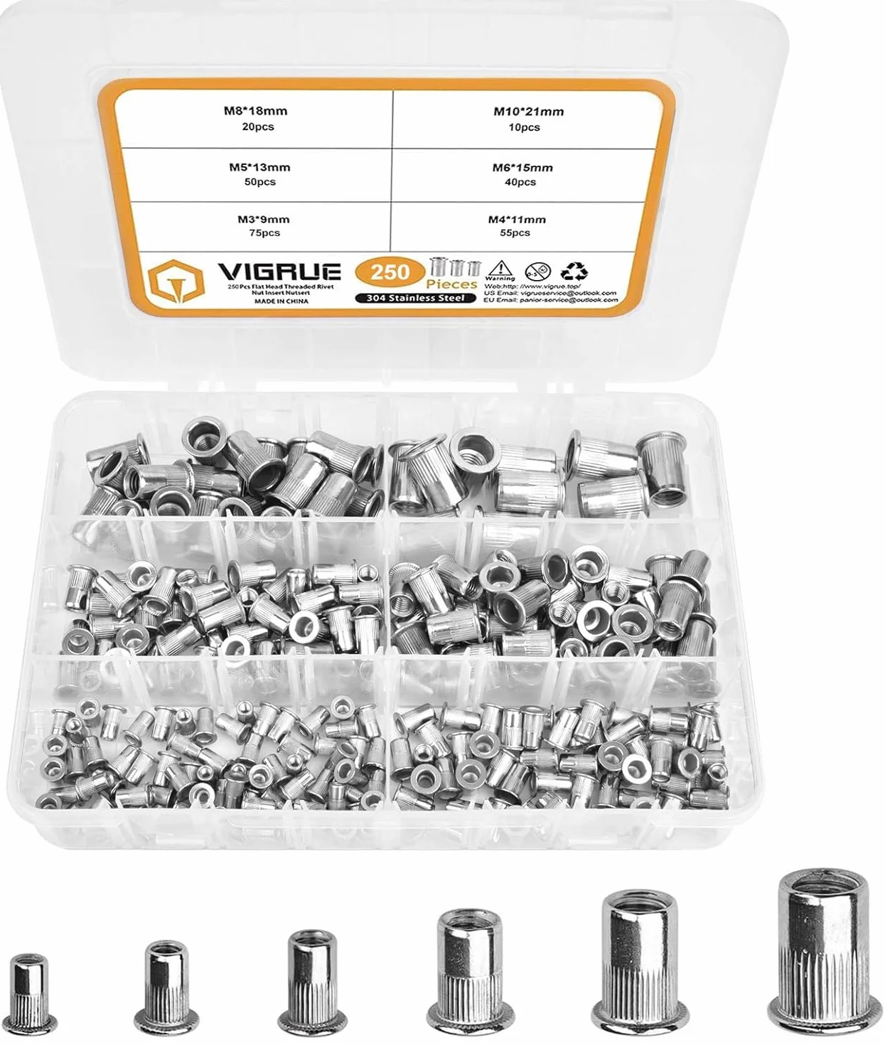 VIGRUE 250 dadi rivetti assortiti, M3-M10, A2-70, acciaio inox, testa piatta, Rivet Nutsert
