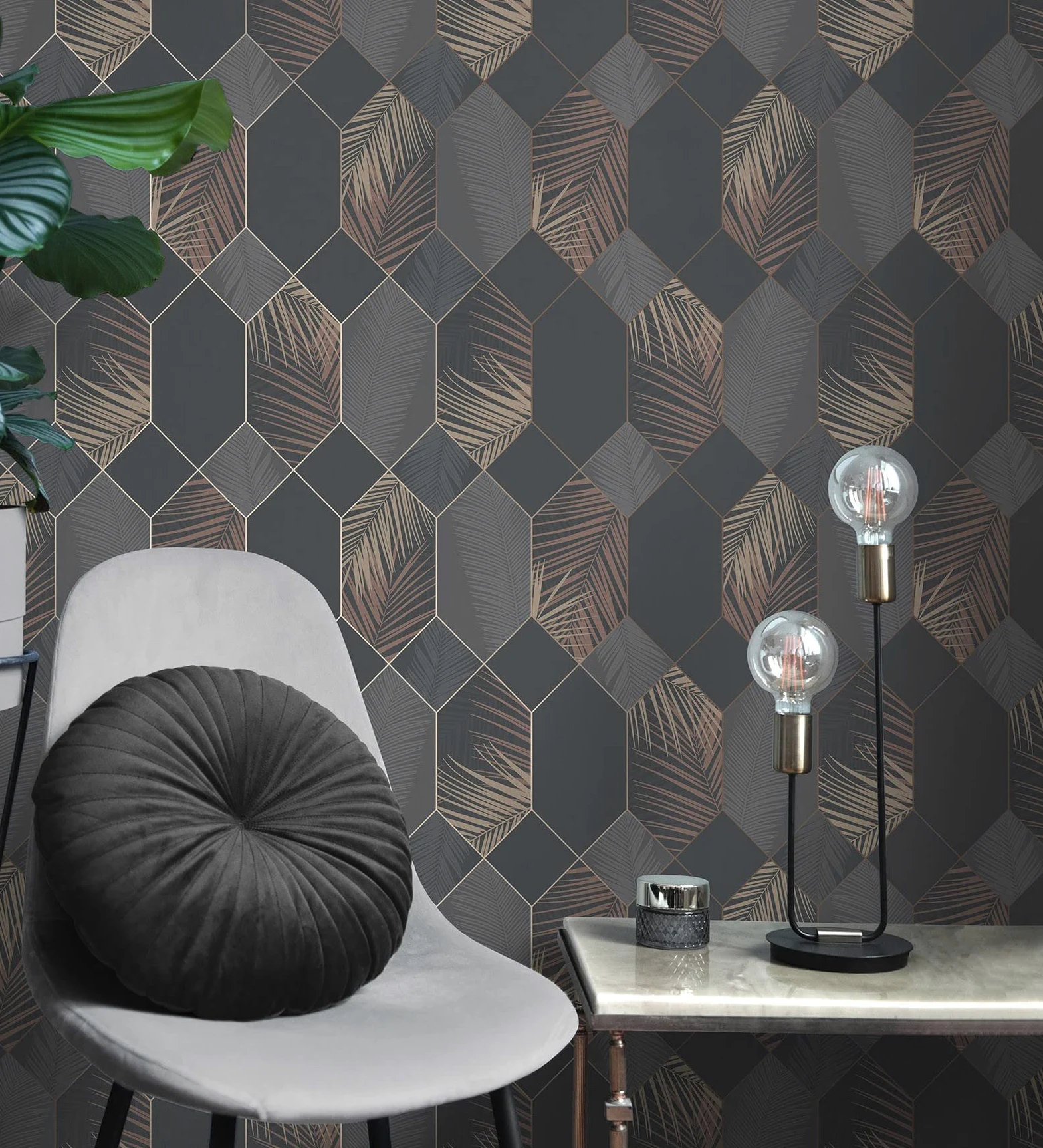 GAULAN 681282 - Carta da parati lavabile geometrico pannello esagonale con foglie tropicali per pareti soggiorno camera da letto corridoio sala da pranzo - Rotolo di 10 m x 0,53 m